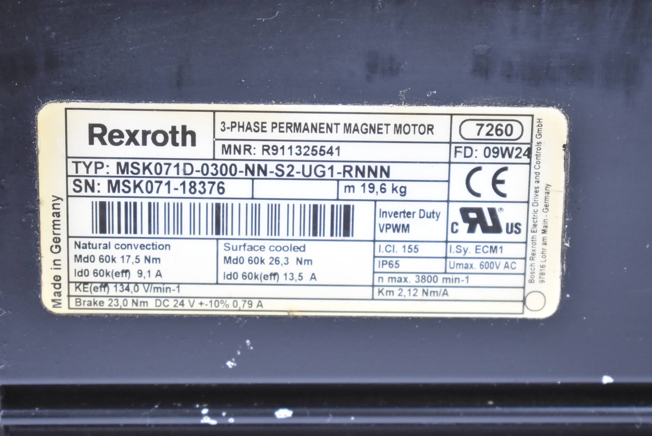Rexroth Servomotor 17,5Nm 9,1A 3800rpm MSK071D-0300-NN-S2-UG1-RNNN / R911325541