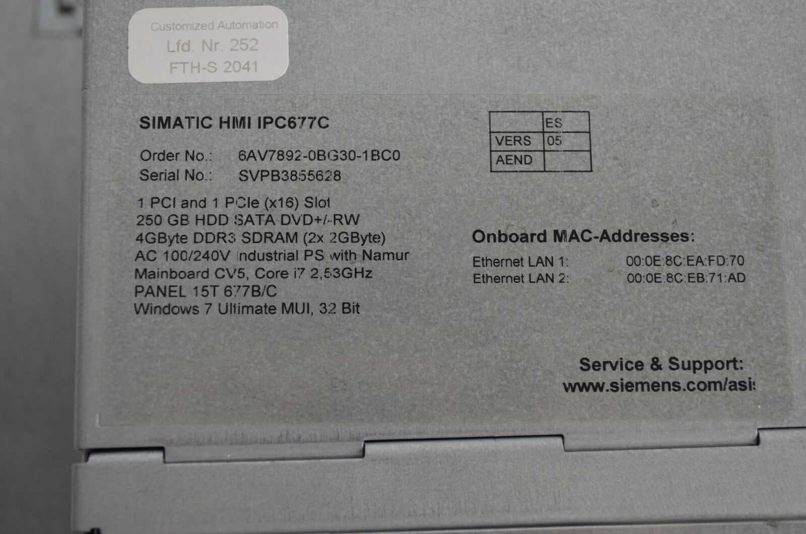 Siemens simatic HMI IPC677C 6AV7892-0BG30-1BC0 ( 6AV7 892-0BG30-1BC0 )