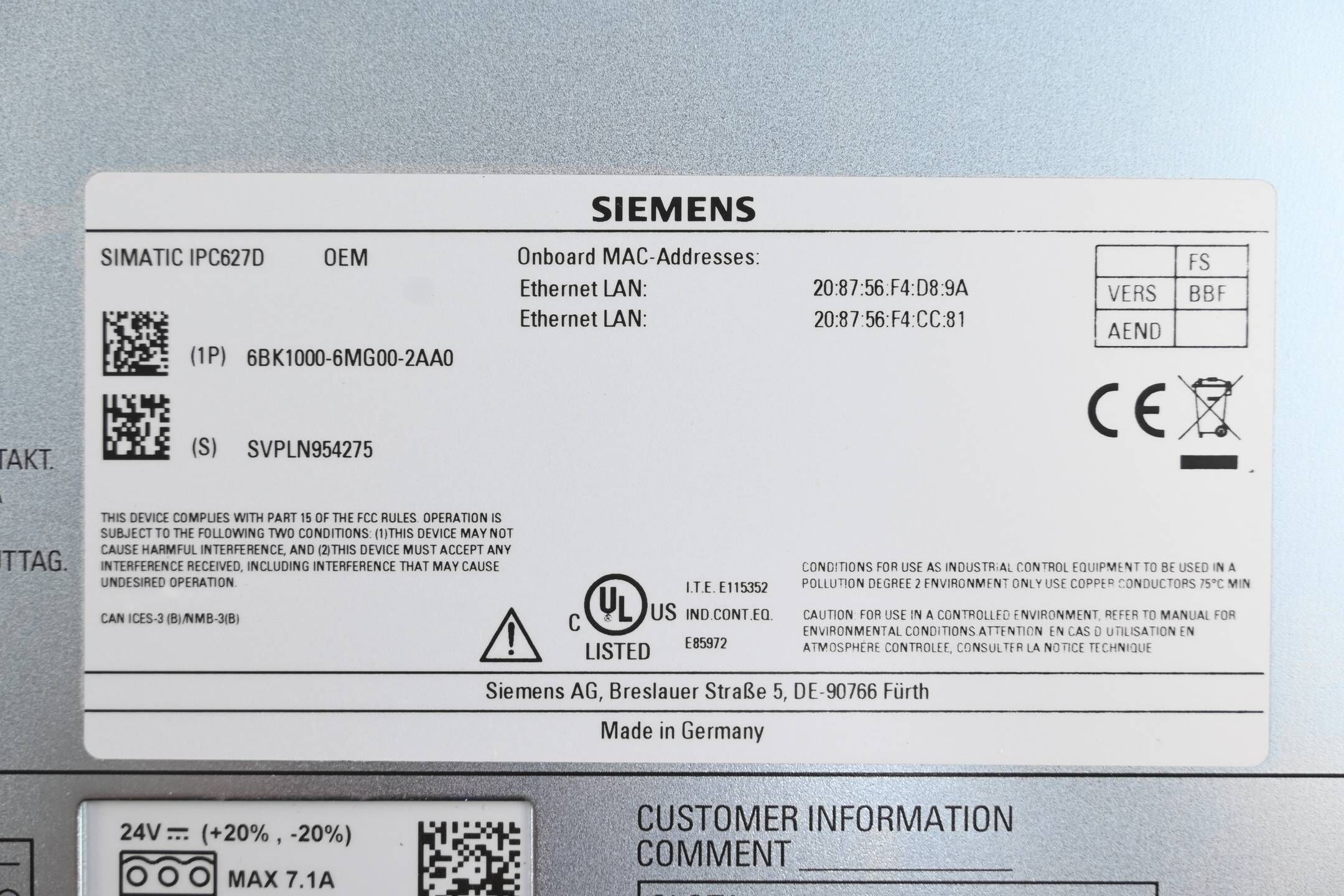 Siemens Simatic Box PC IPC627D 6BK1000-6MG00-2AA0 ( 6BK1 000-6MG00-2AA0 ) V. BBF