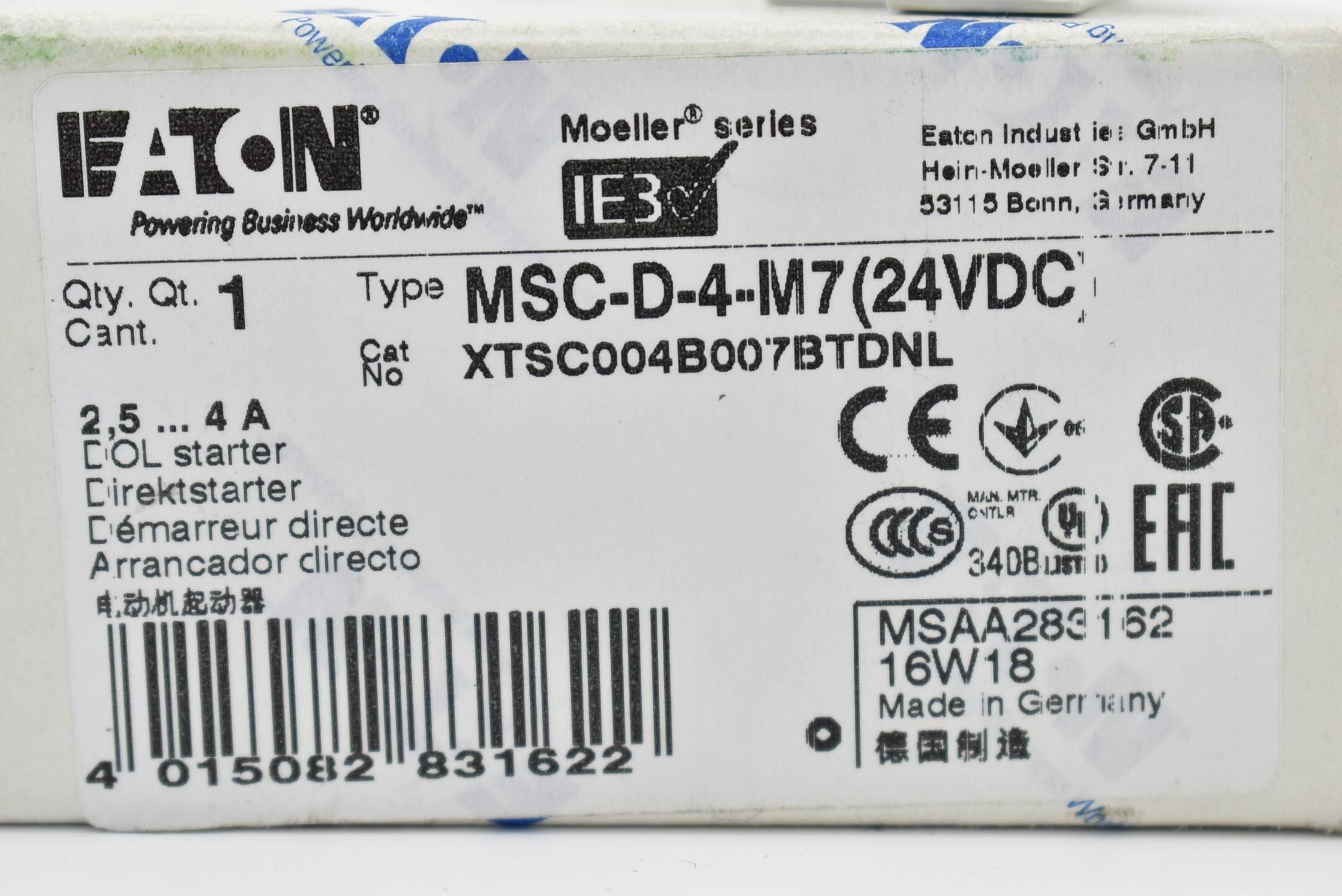 Eaton Direktstarter Motorstarterkombination 2,5-4A MSC-D-4-M7(24VDC)