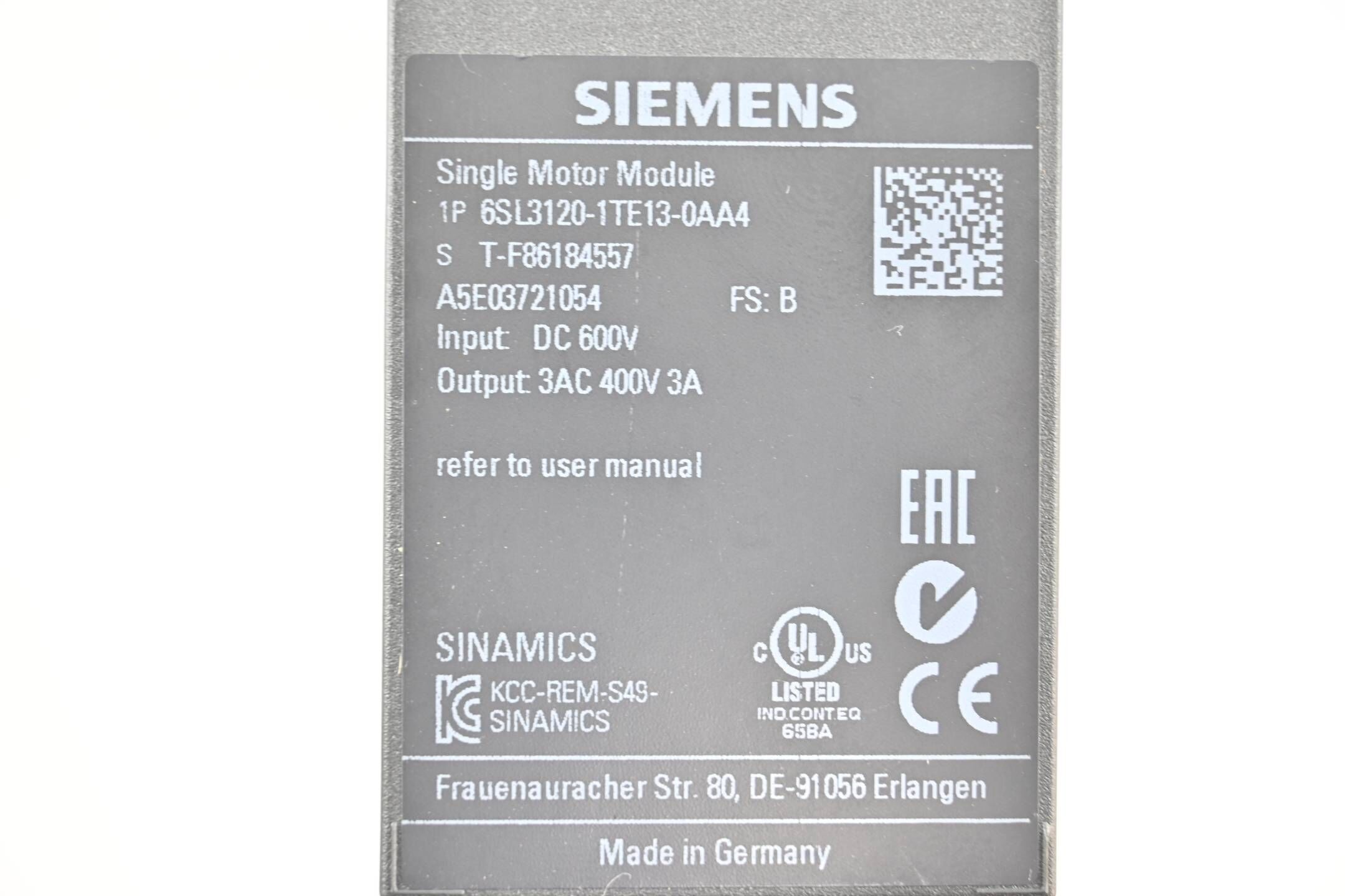 Siemens Sinamics S120 Motor Modul 6SL3120-1TE13-0AA4 ( 6SL3 120-1TE13-0AA4 ) E.B