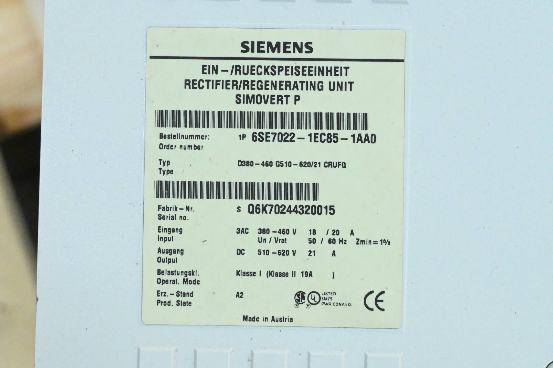 Siemens Ein-Rückspeiseeinheit 6SE7022-1EC85-1AA0 ( 6SE7 022-1EC85-1AA0 ) E.A2