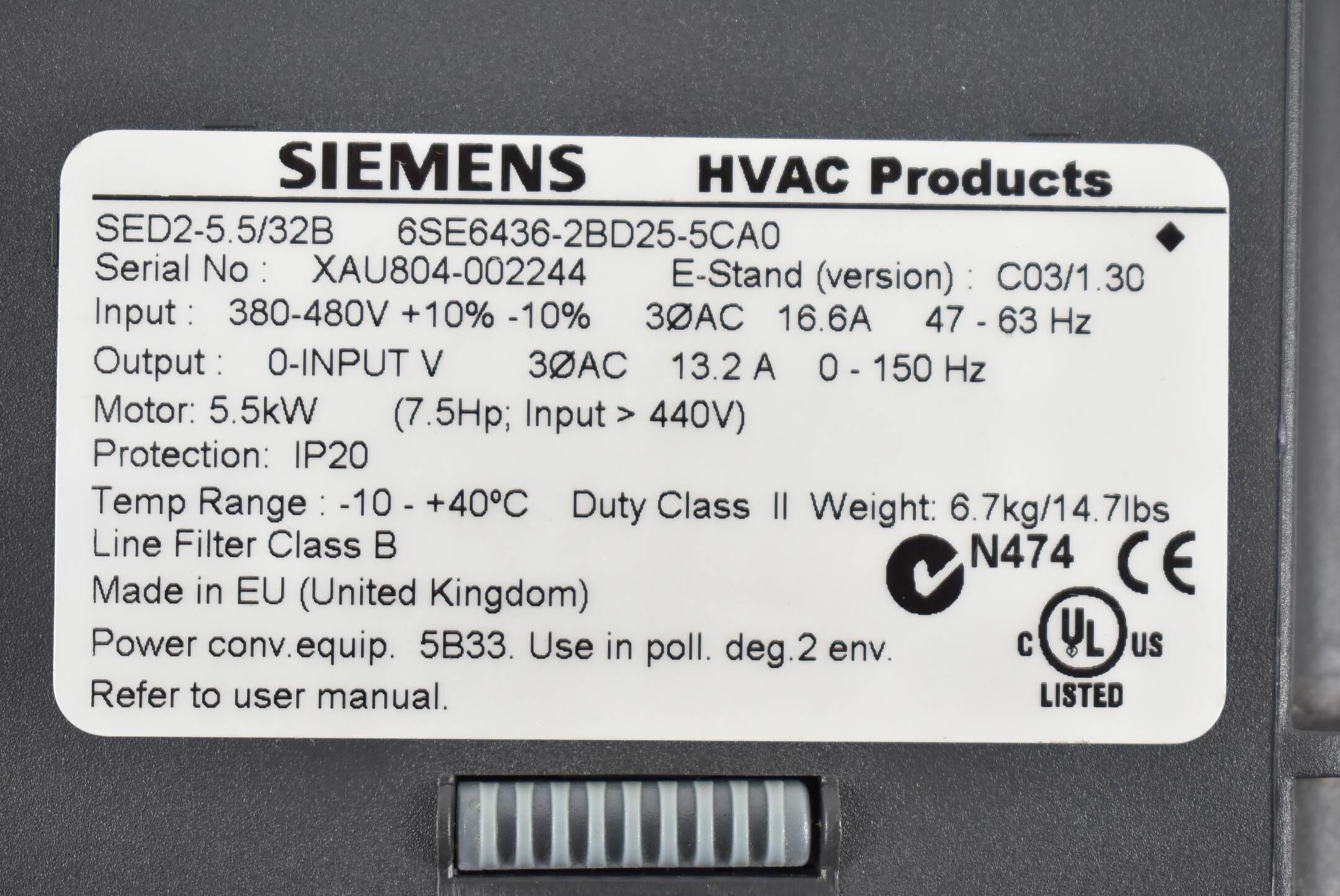 Siemens Micromaster HVAC 6SE6436-2BD25-5CA0 ( 6SE6 436-2BD25-5CA0 ) C03/1.30