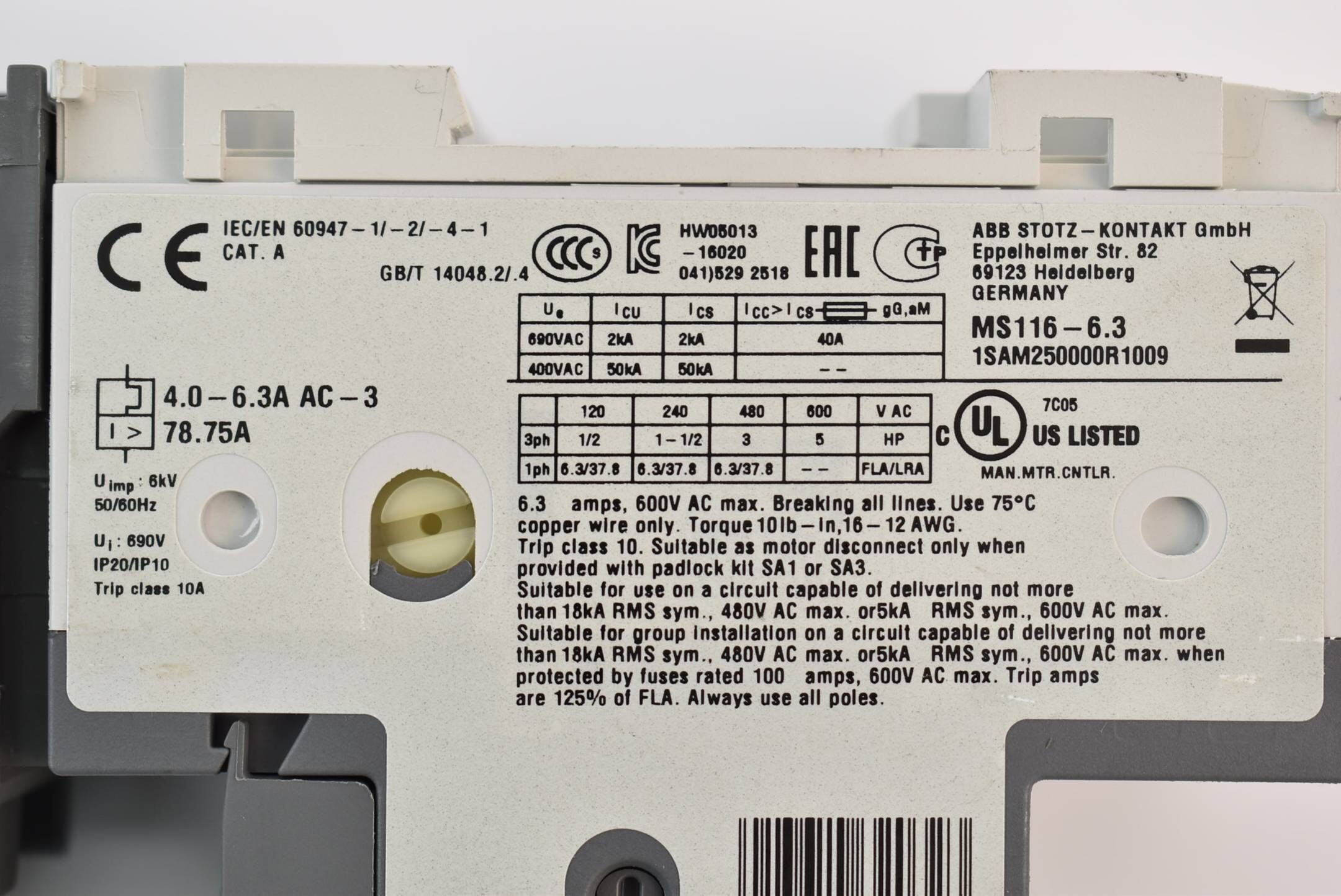 ABB MS116 Motorschutzschalter 4 - 6,3 A inkl. Leistungsschütz AF09