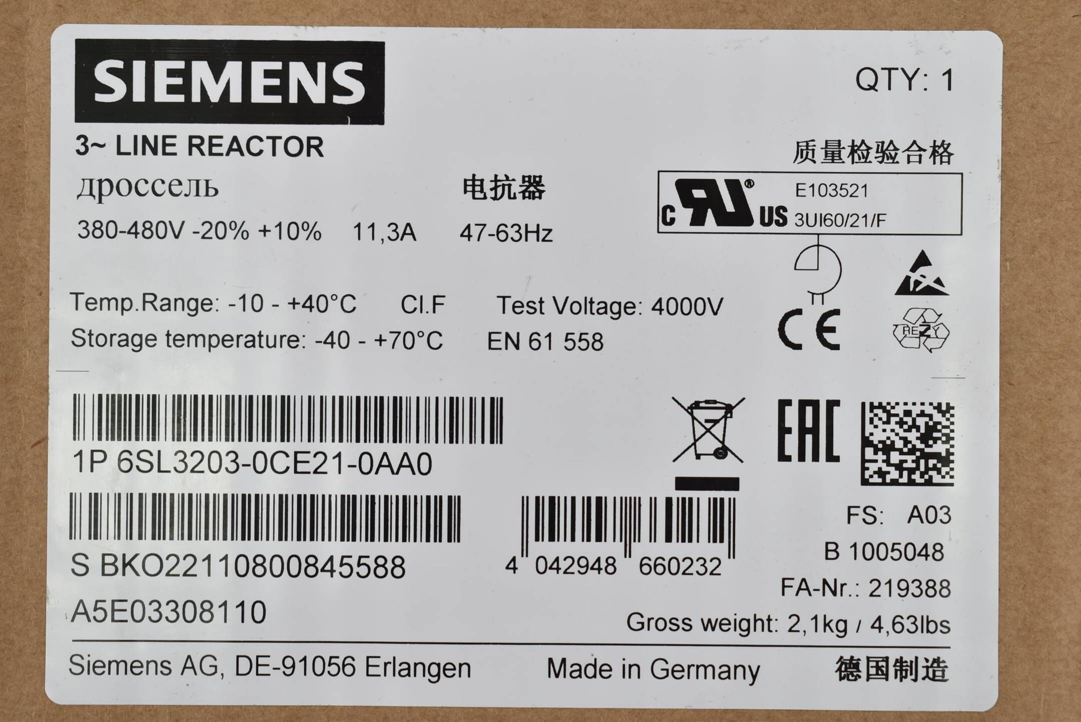 Siemens Sinamics Netzdrossel 380-480V 6SL3203-0CE21-0AA0 ( 6SL3 203-0CE21-0AA0 )