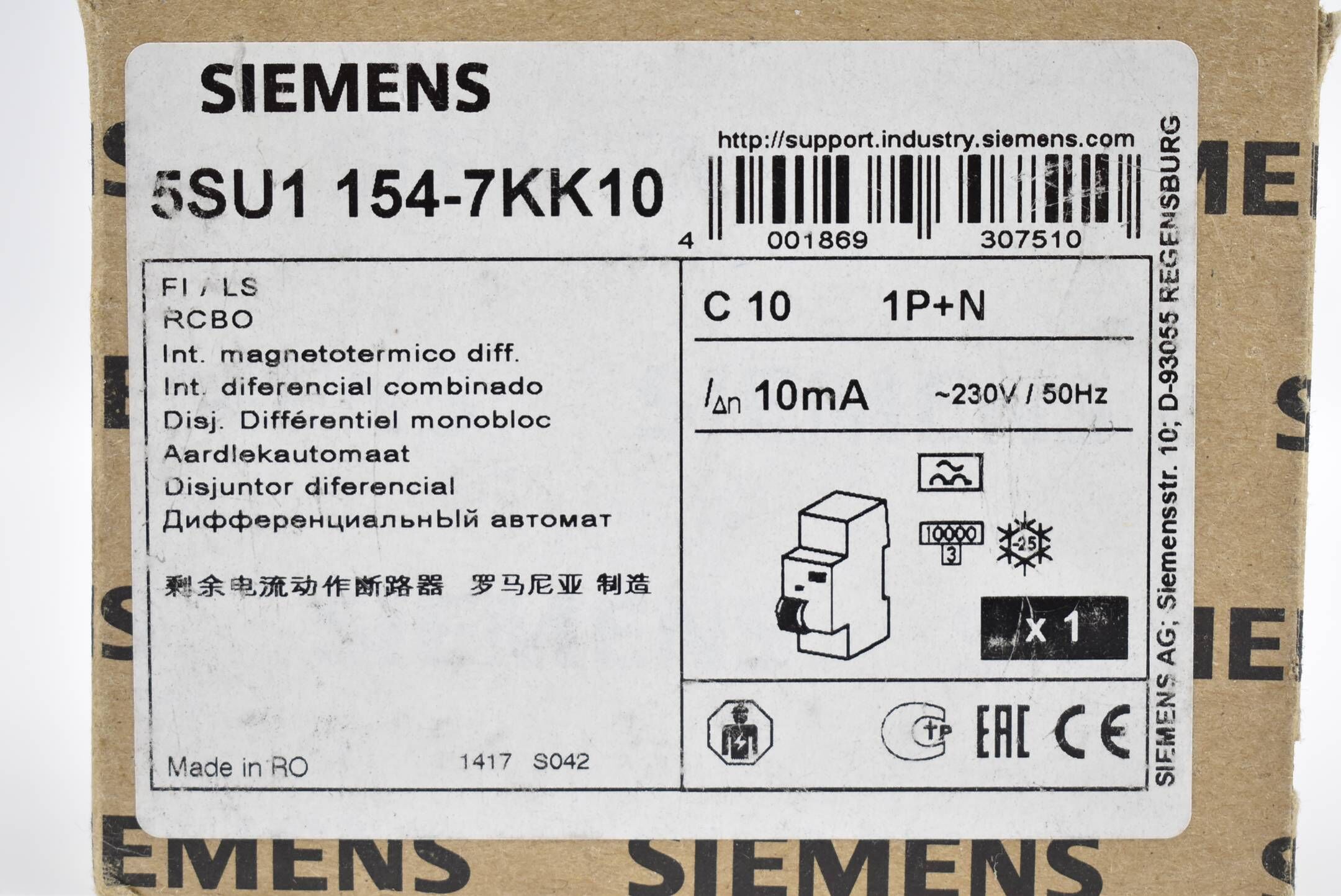Siemens FI/LS-Schalter 5SU1154-7KK10 ( 5SU1 154-7KK10 ) C10