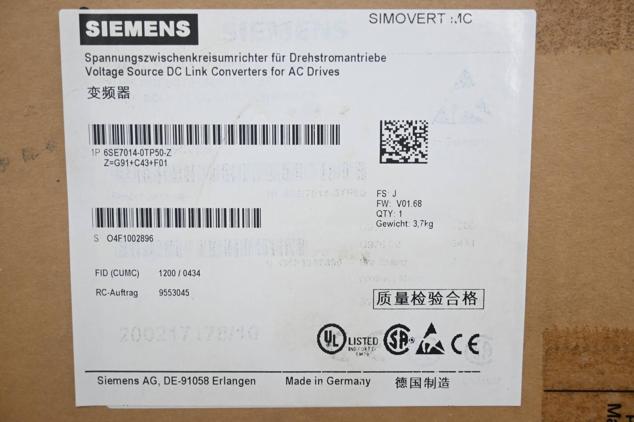 Siemens Masterdrives 6SE7014-0TP50-Z ( 6SE7 014-0TP50-Z ) Z=G91+C43+F01 ( E.J )