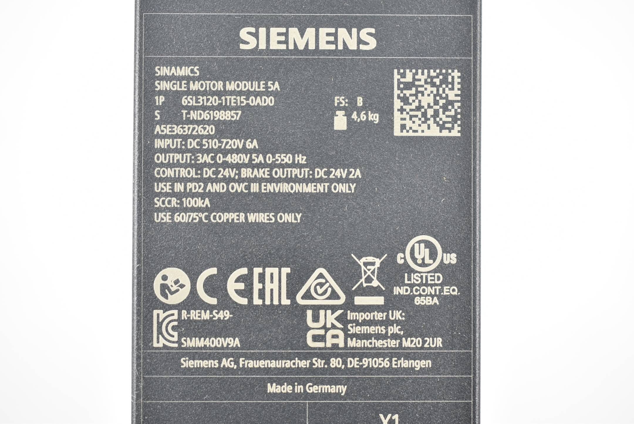 Siemens Sinamics S120 Single 6SL3120-1TE15-0AD0 ( 6SL3 120-1TE15-0AD0 ) Ver. B