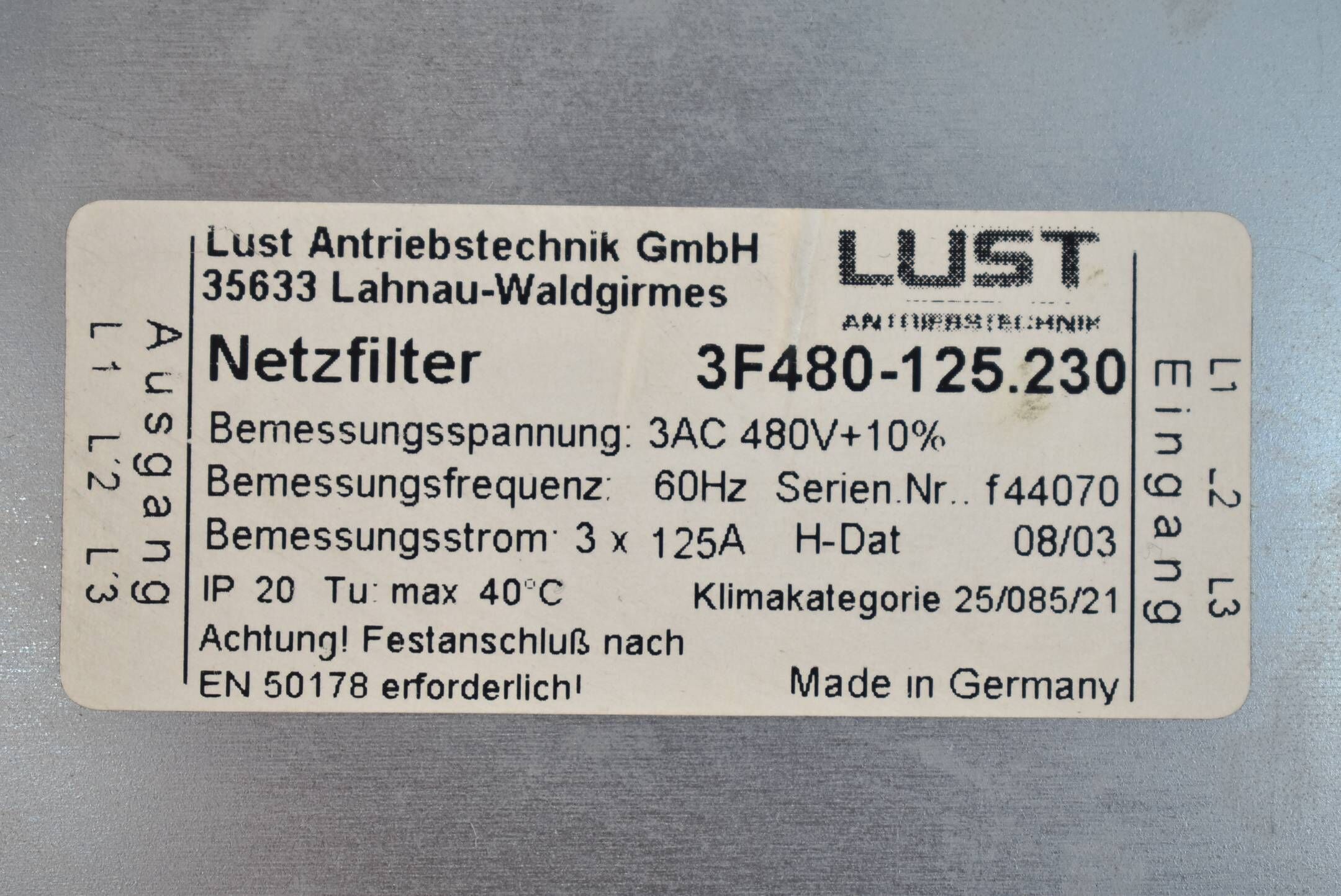 Lust Antriebstechnik Netzfilter 3F480-125.230 ( 480V 60Hz 125A )
