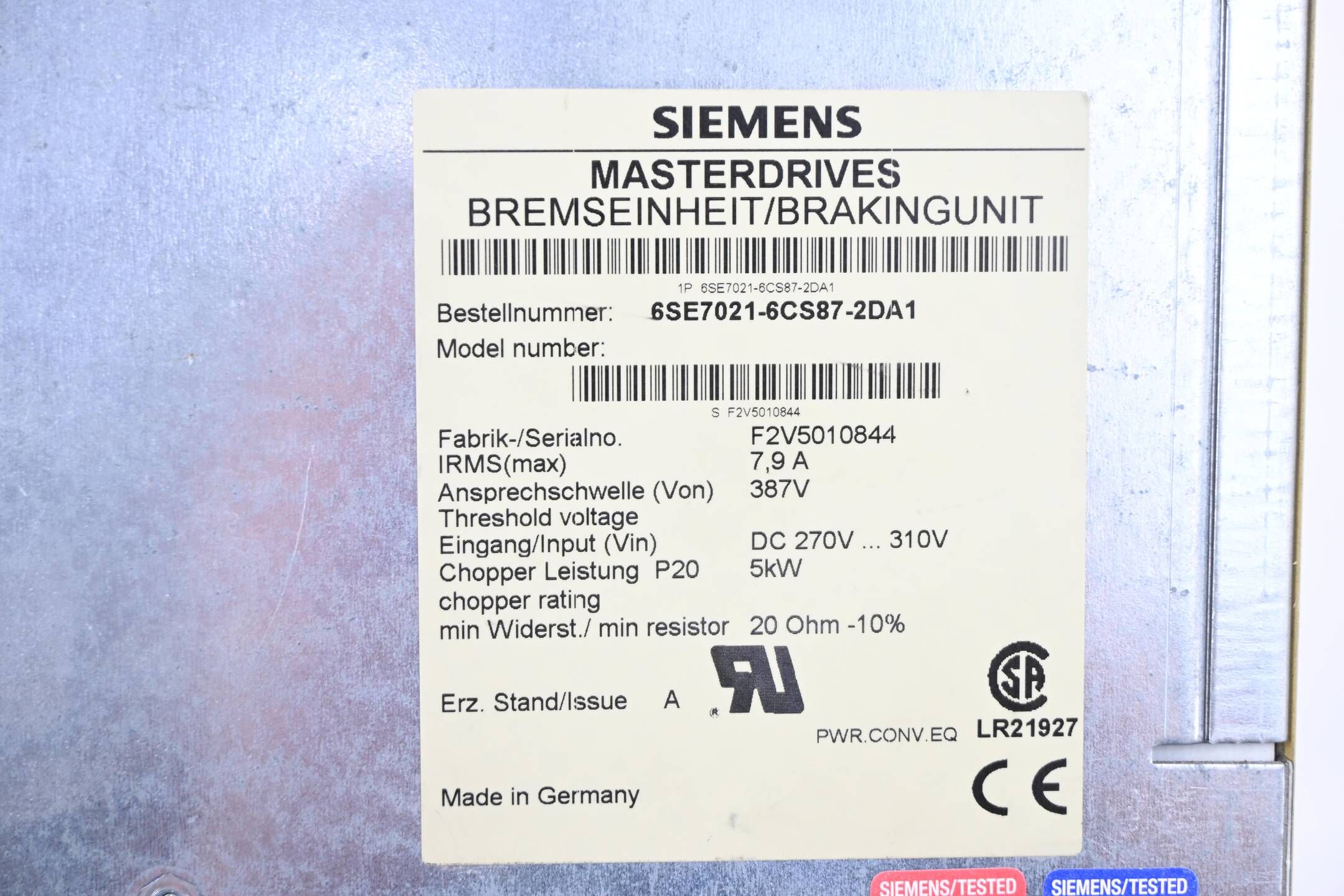 Siemens Masterdrives Bremseinheit 6SE7021-6CS87-2DA1 ( 6SE7 021-6CS87-2DA1 )