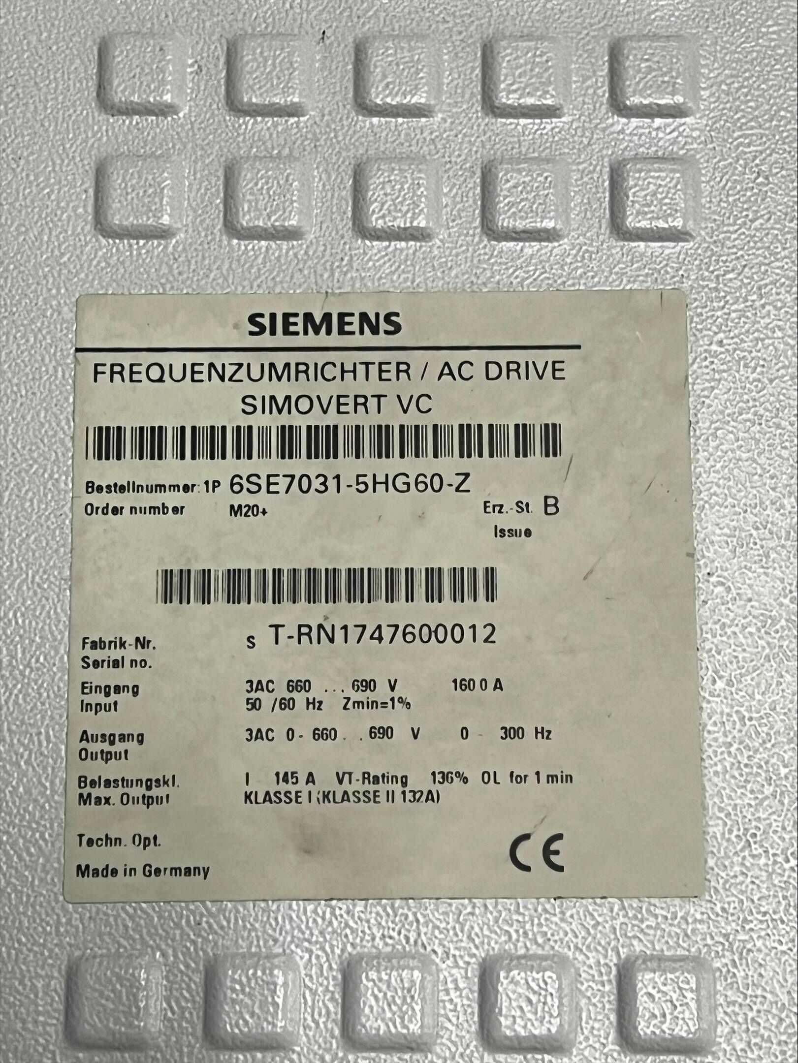Siemens simovert VC 6SE7031-5HG60-Z ( 6SE7 031-5HG60-Z ) M20+