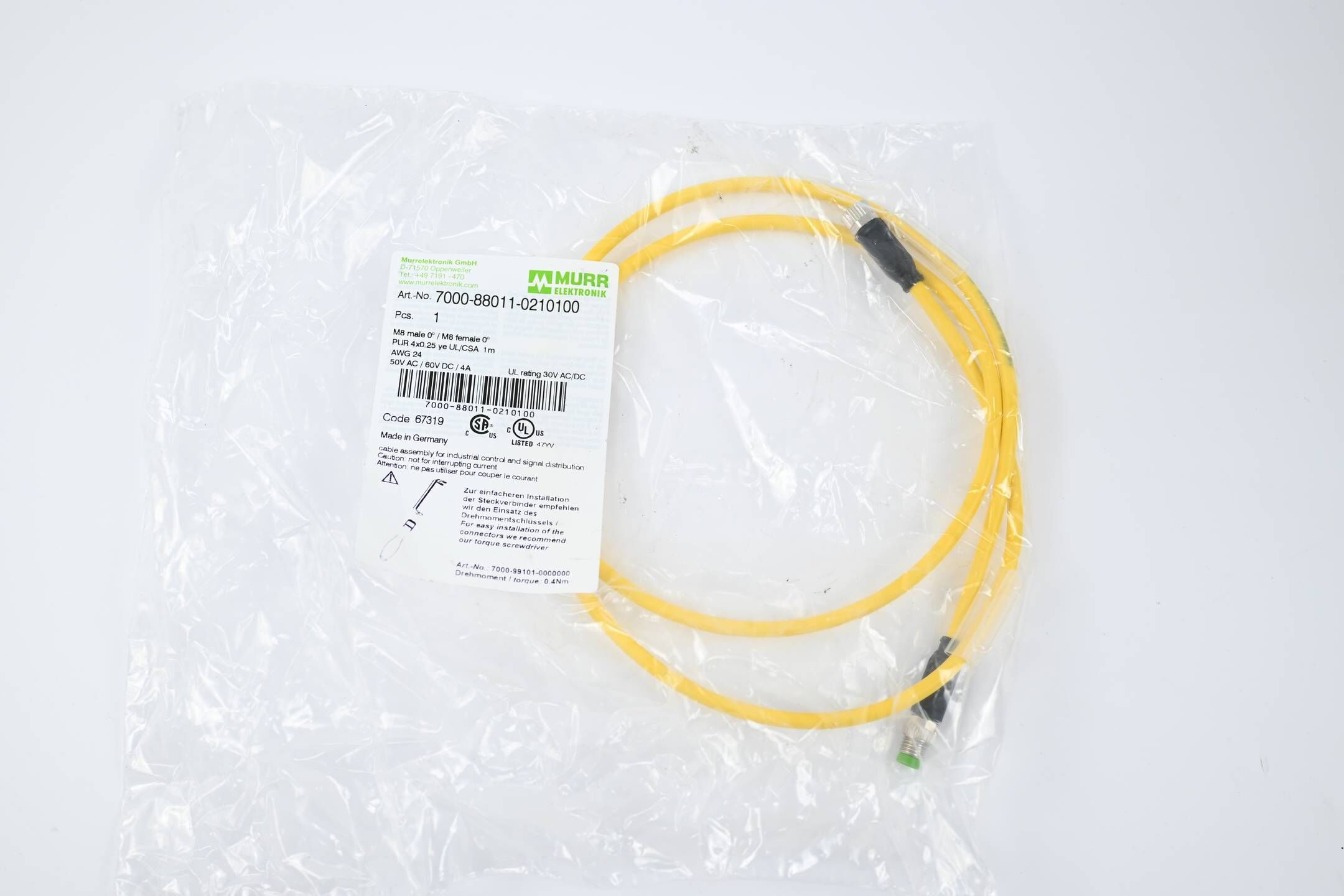 Murr M8 St. 0° / M8 Bu. 0° A-kod. PUR 4x0.25 ge UL/CSA 1m ( 7000-88011-0210100 )