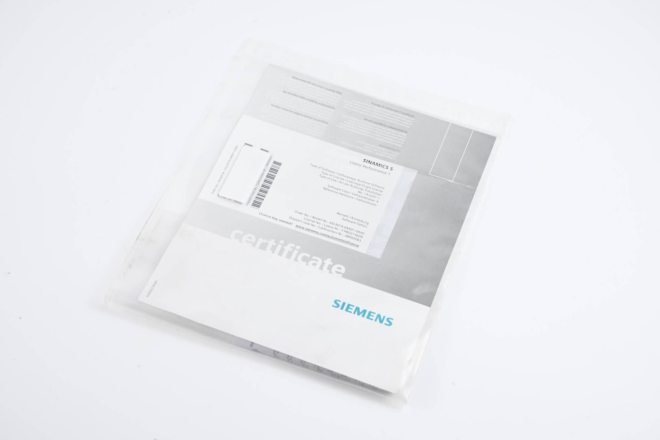 Siemens Sinamics S120 Lizenz Papier 6SL3074-0AA01-0AA0 ( 6SL3 074-0AA01-0AA0 )