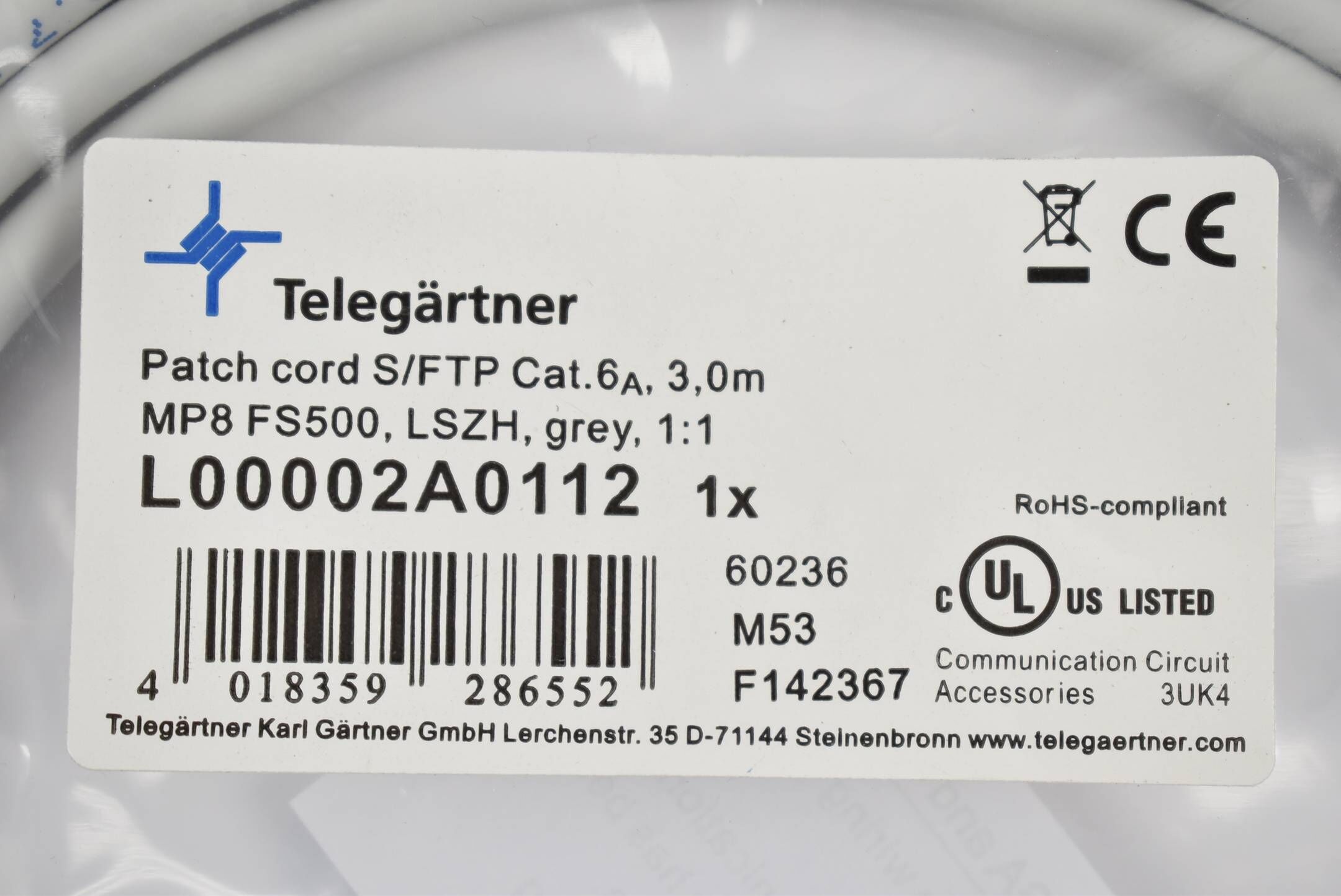 Telegärtner Netzwerkkabel L00002A0112 ( 3,0m ) MP8 FS500 LSZH grau