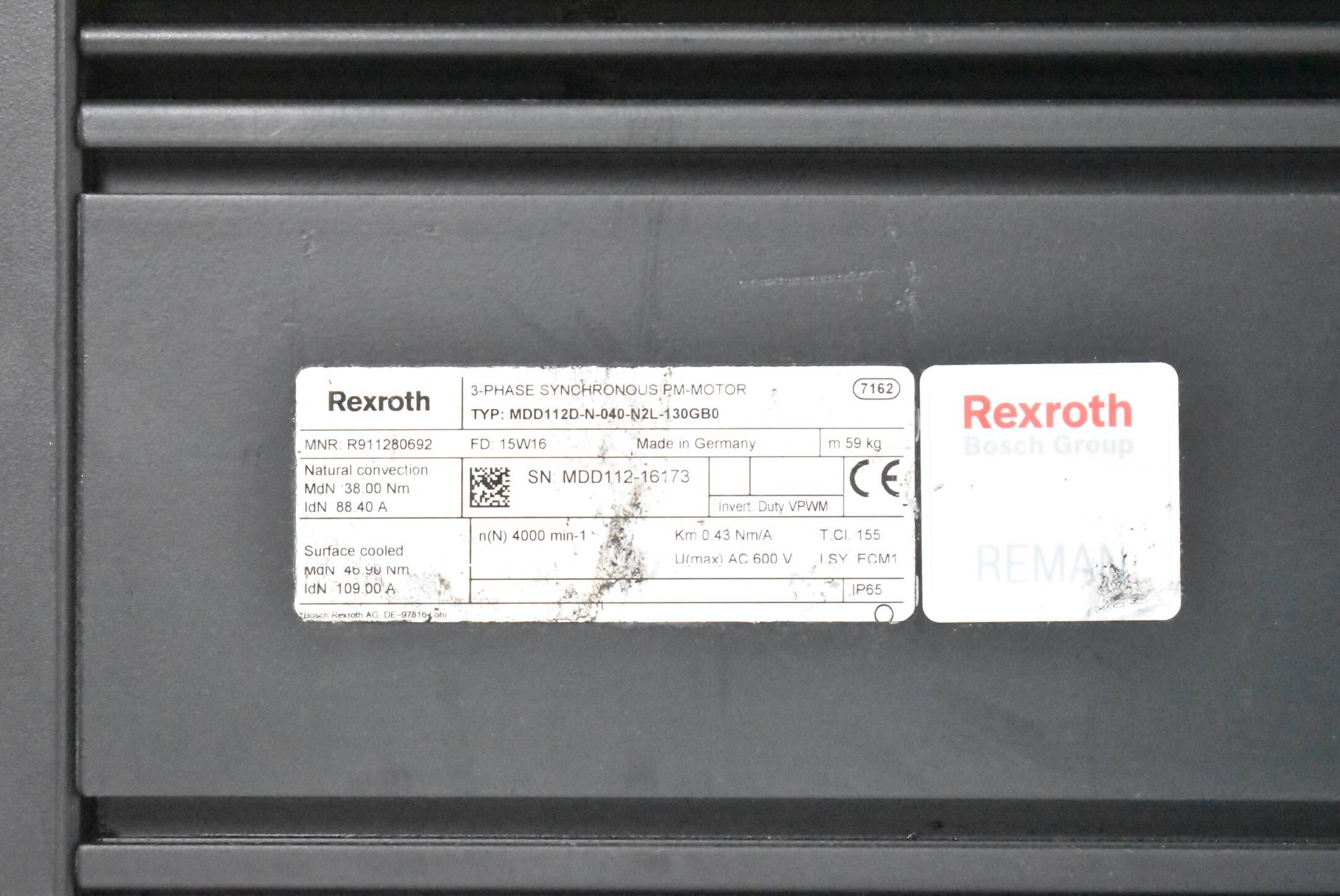 Rexroth Motor 38Nm 88,4A 4000rpm MDD112D-N-040-N2L-130GB0 ( R911280692 )