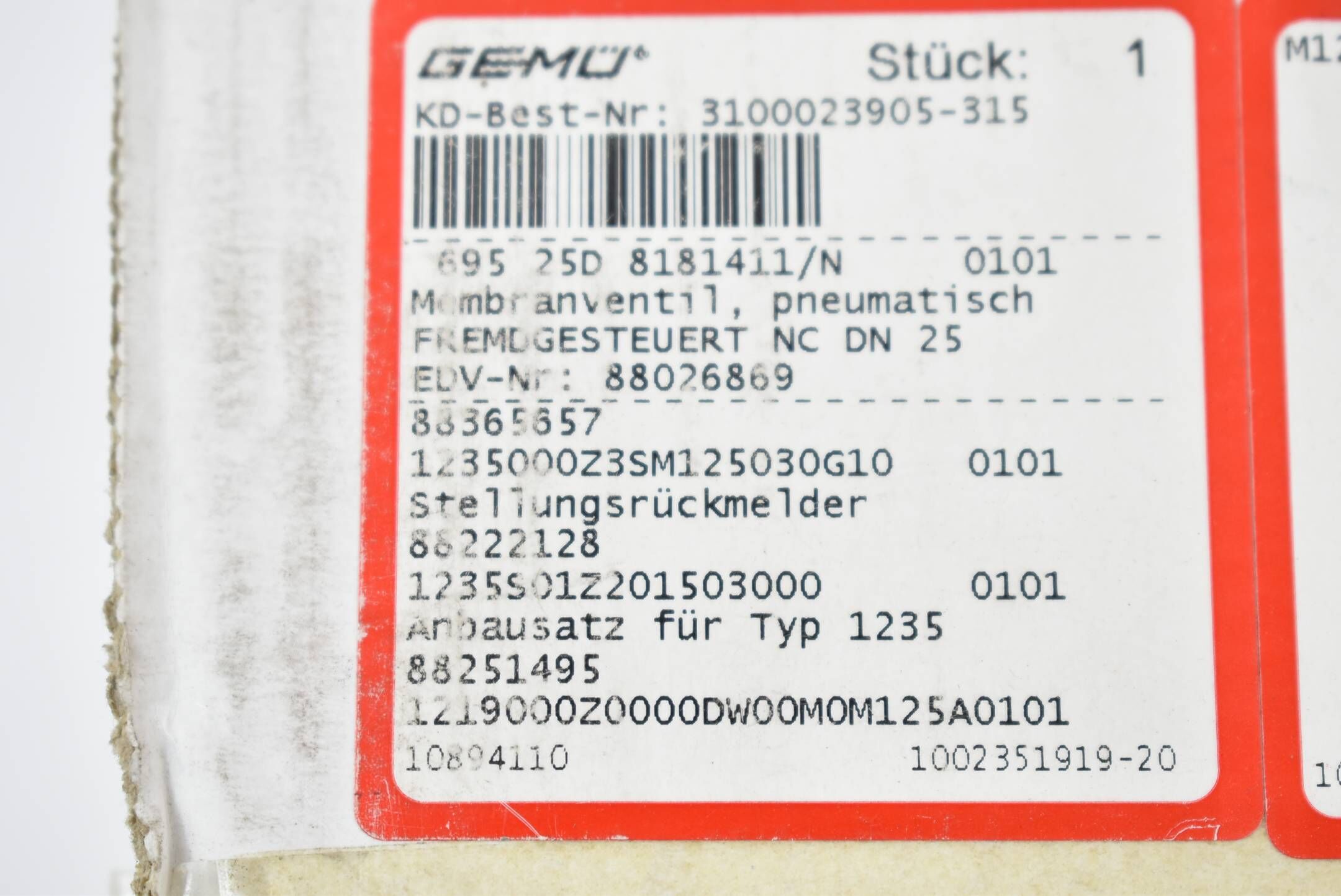 Gemü Membranventil pneumatisch 695 25D 8181411/N ( 88026869 )