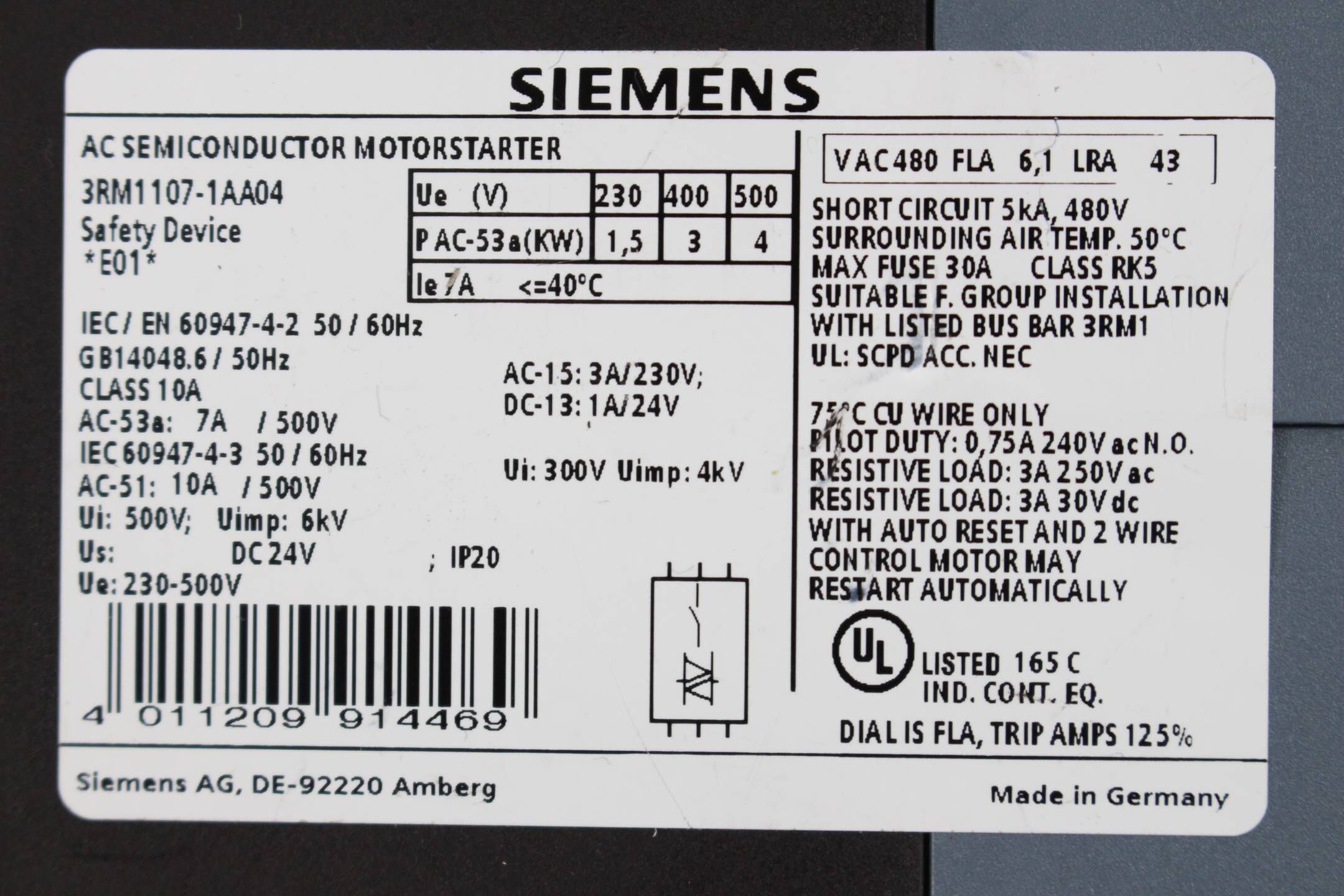 Siemens AC Halbleiter-Motorstarter 3RM1107-1AA04