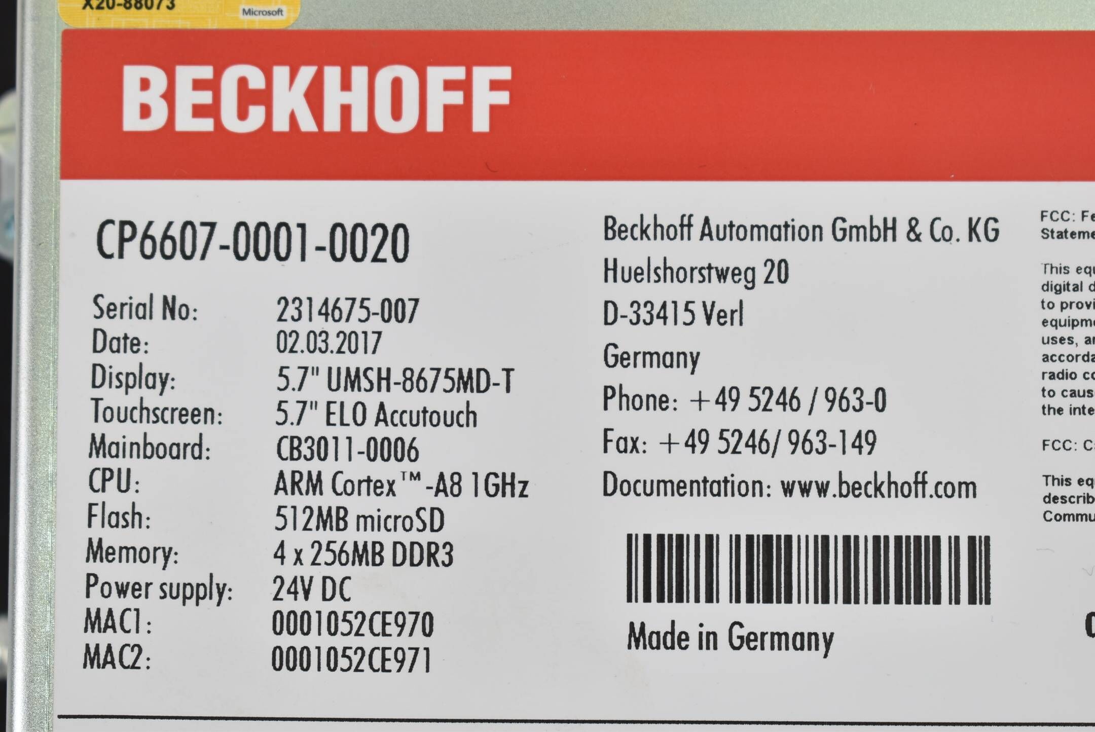 Beckhoff Panel-PC mit ARM Cortex-A8 1 GHz 5,7" CP6607-0001-0020