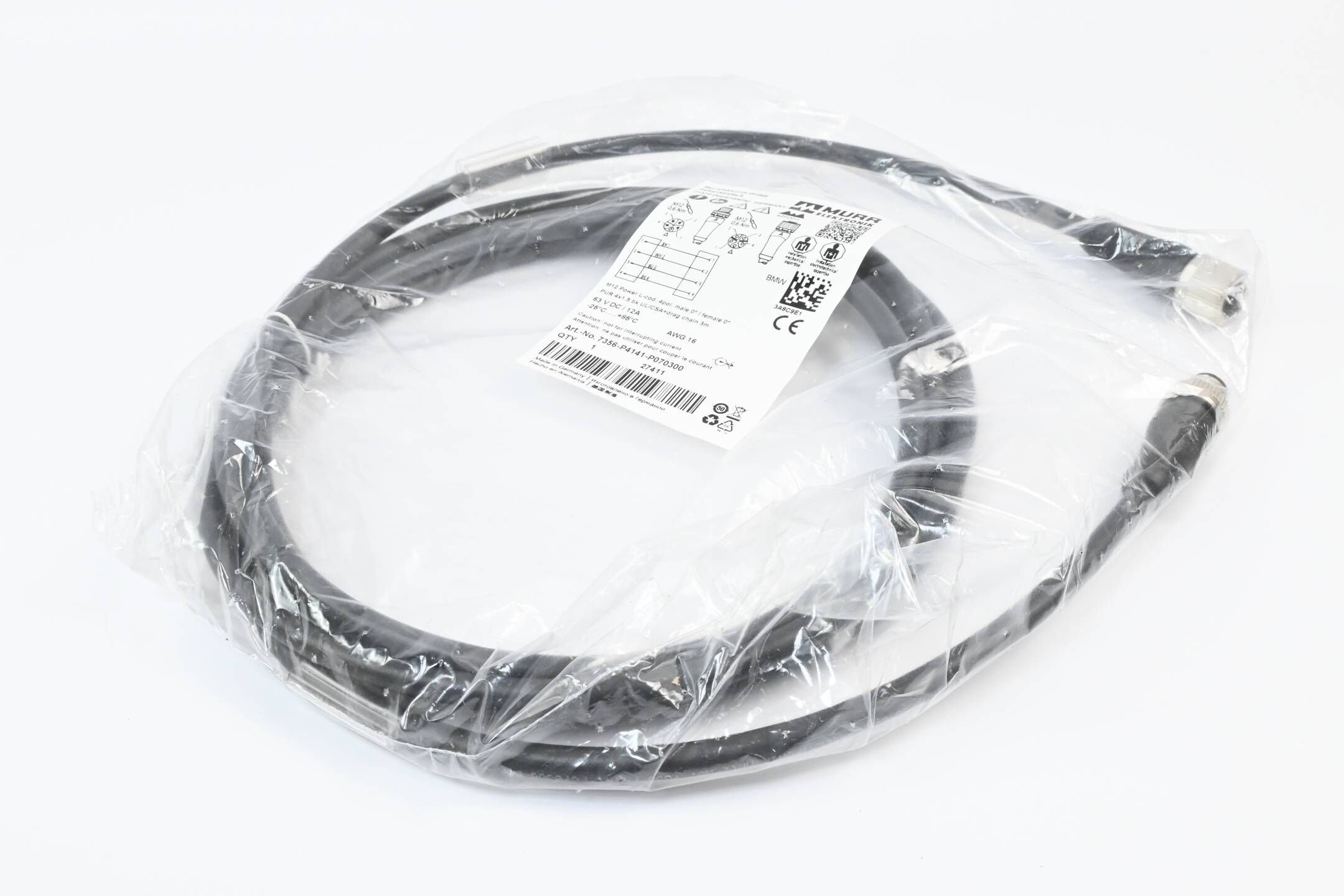Murr Elektronik M12 Power L-kod. 4pol. St. 0° / Bu. 0° 3m ( 7356-P4141-P070300 )
