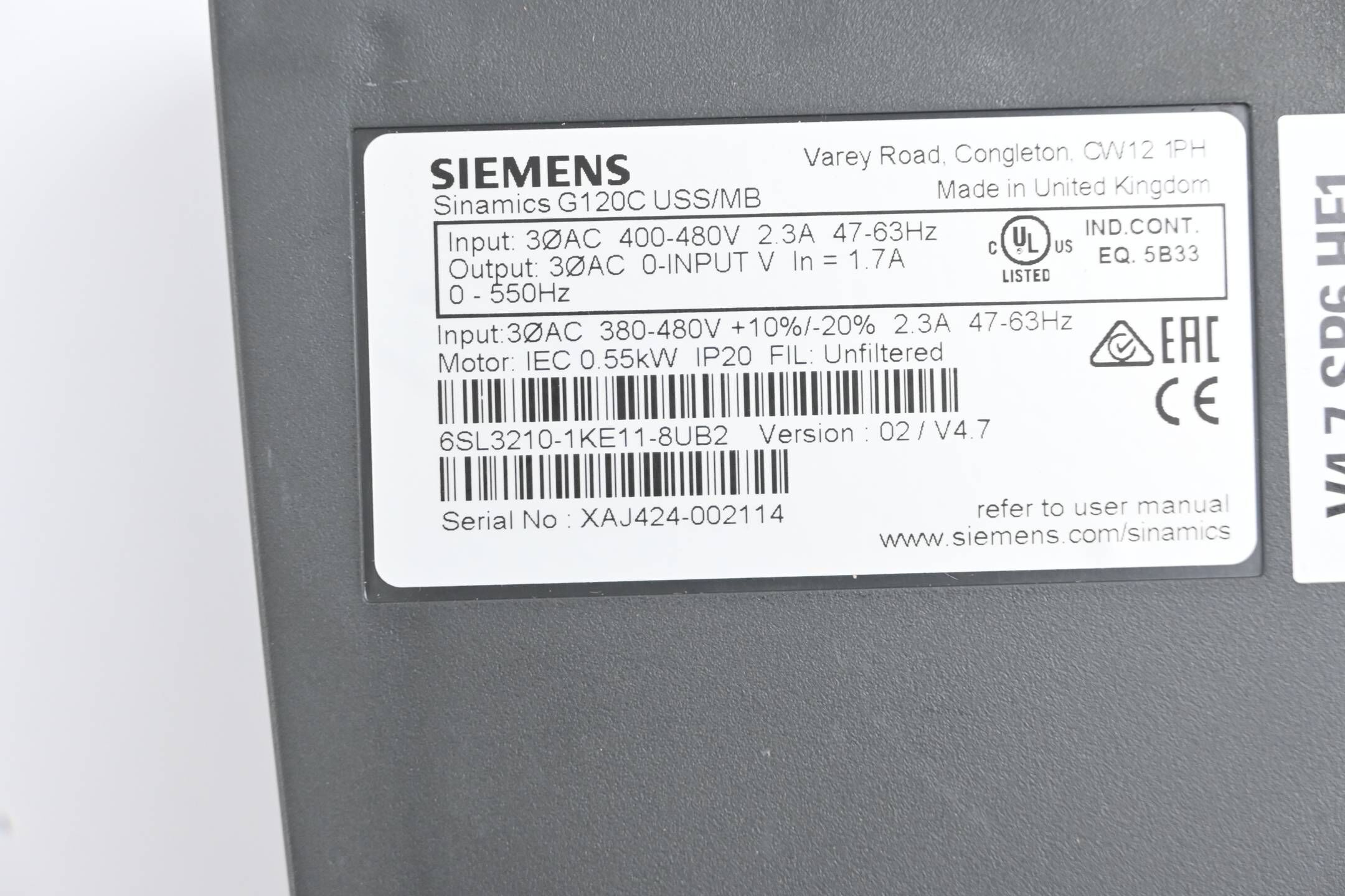 Siemens Sinamics G120C USS/MB 6SL3210-1KE11-8UB2 ( 6SL3 210-1KE11-8UB2 ) Ver. 02
