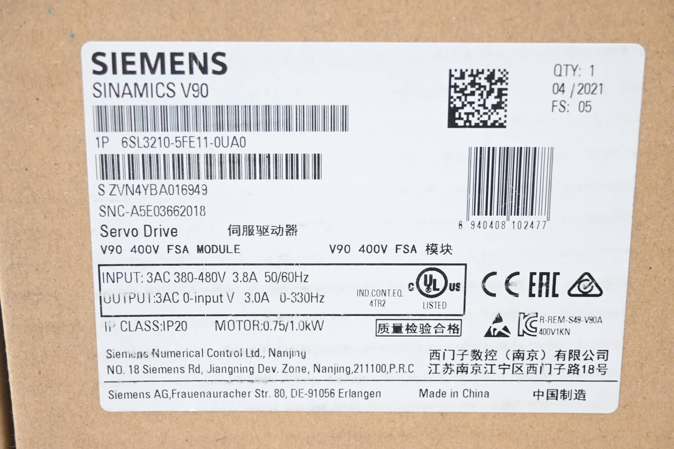 Siemens Sinamics V90 Servo Drive 6SL3210-5FE11-0UA0 ( 6SL3 210-5FE11-0UA0 ) E.05