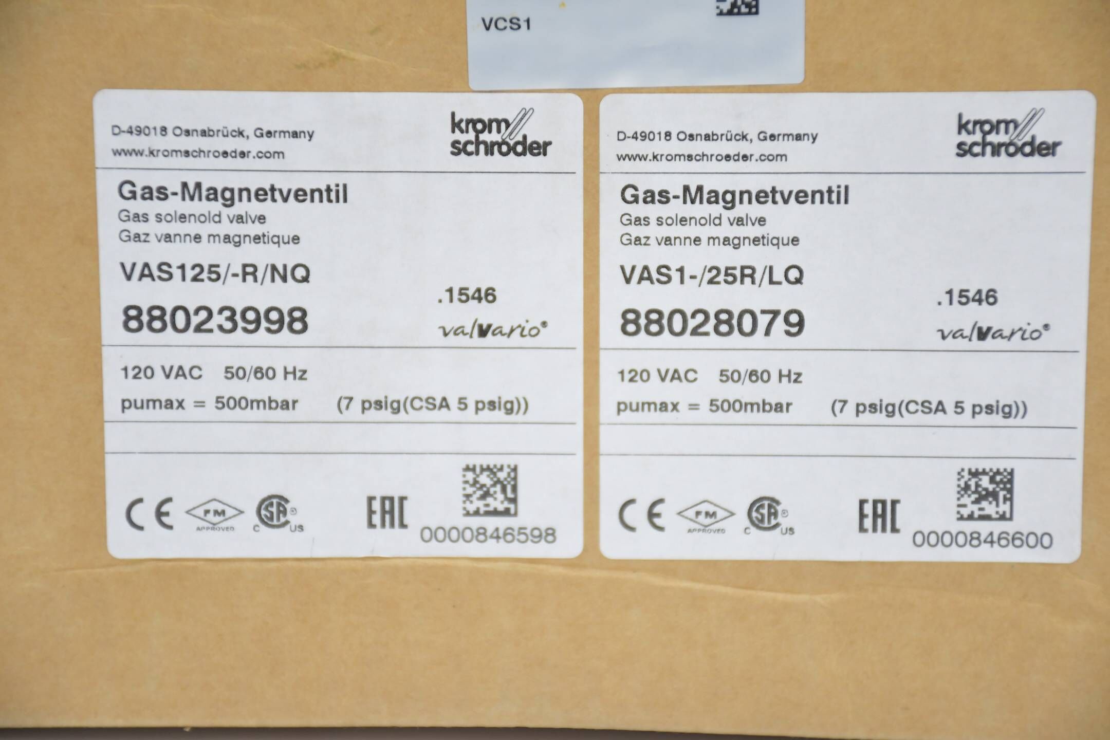 Krom Schröder Gas-Magnetventil VAS125/-R/NQ VAS1-/25R/LQ