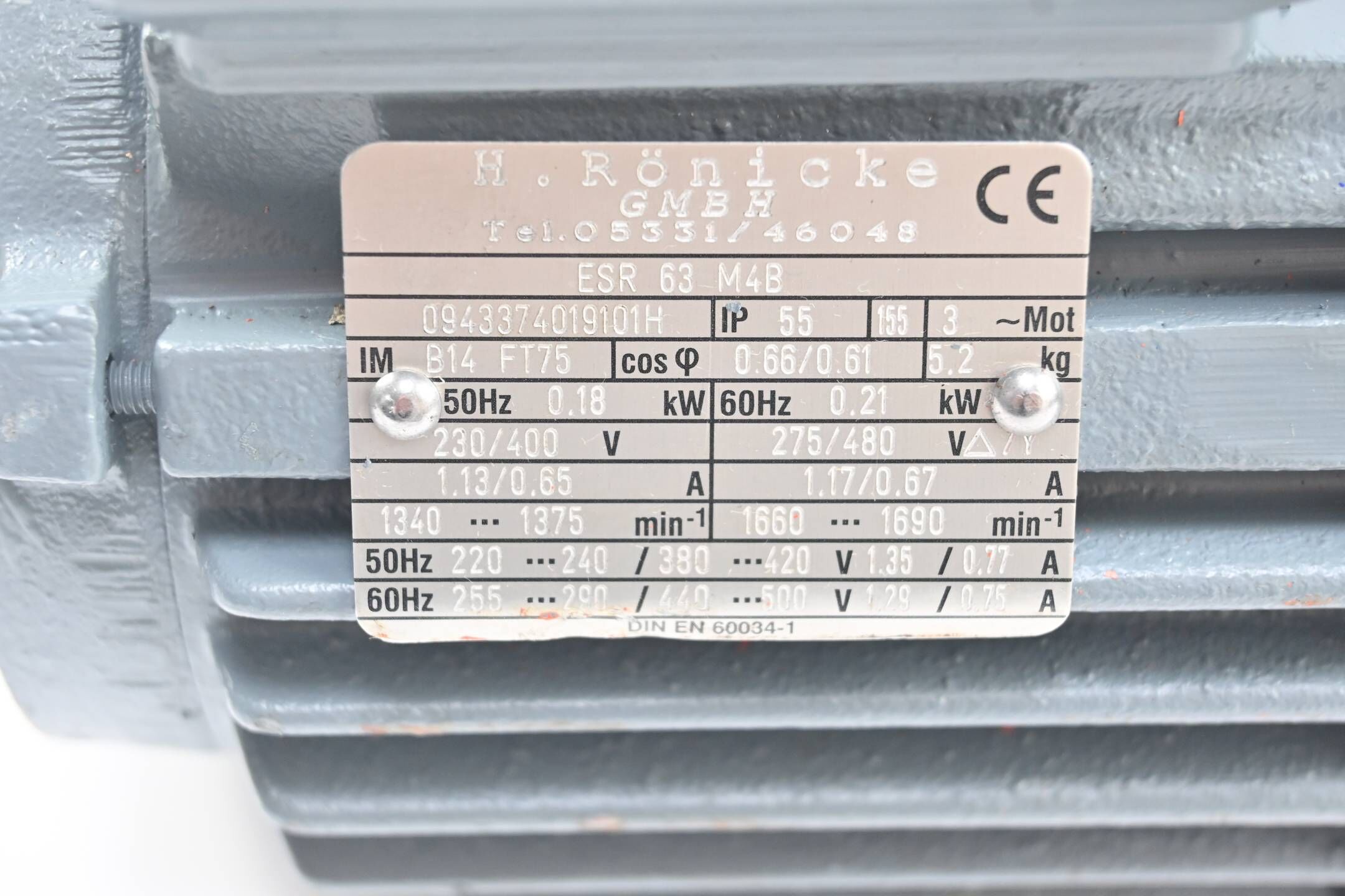H. Rönicke 3~ Motor ESR 63 M4B ( ESR63M4B ) 230/400V 1.13/0.65A 1340/1375min-1