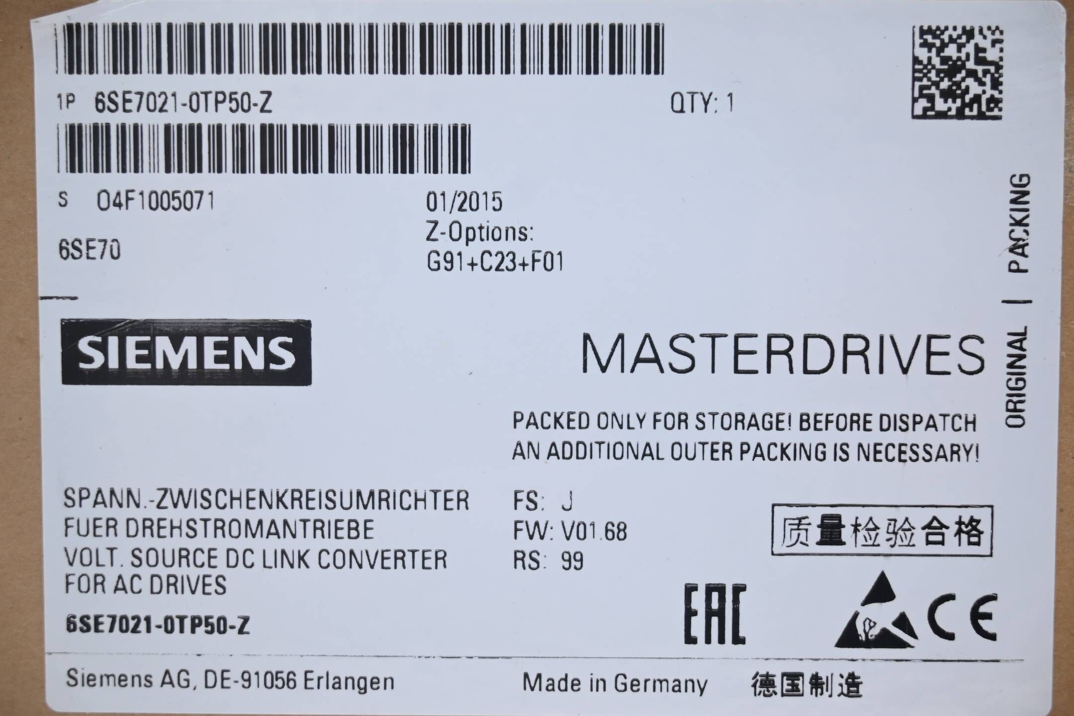 Siemens Masterdrive 6SE7021-0TP50-Z ( 6SE7 021-0TP50-Z ) Z=G91+C23+F01 ( E.J )