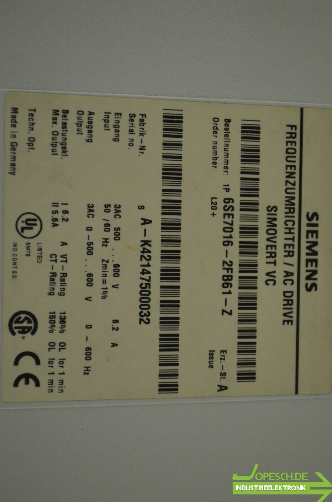 Siemens simovert 6SE7016-2FB61-Z