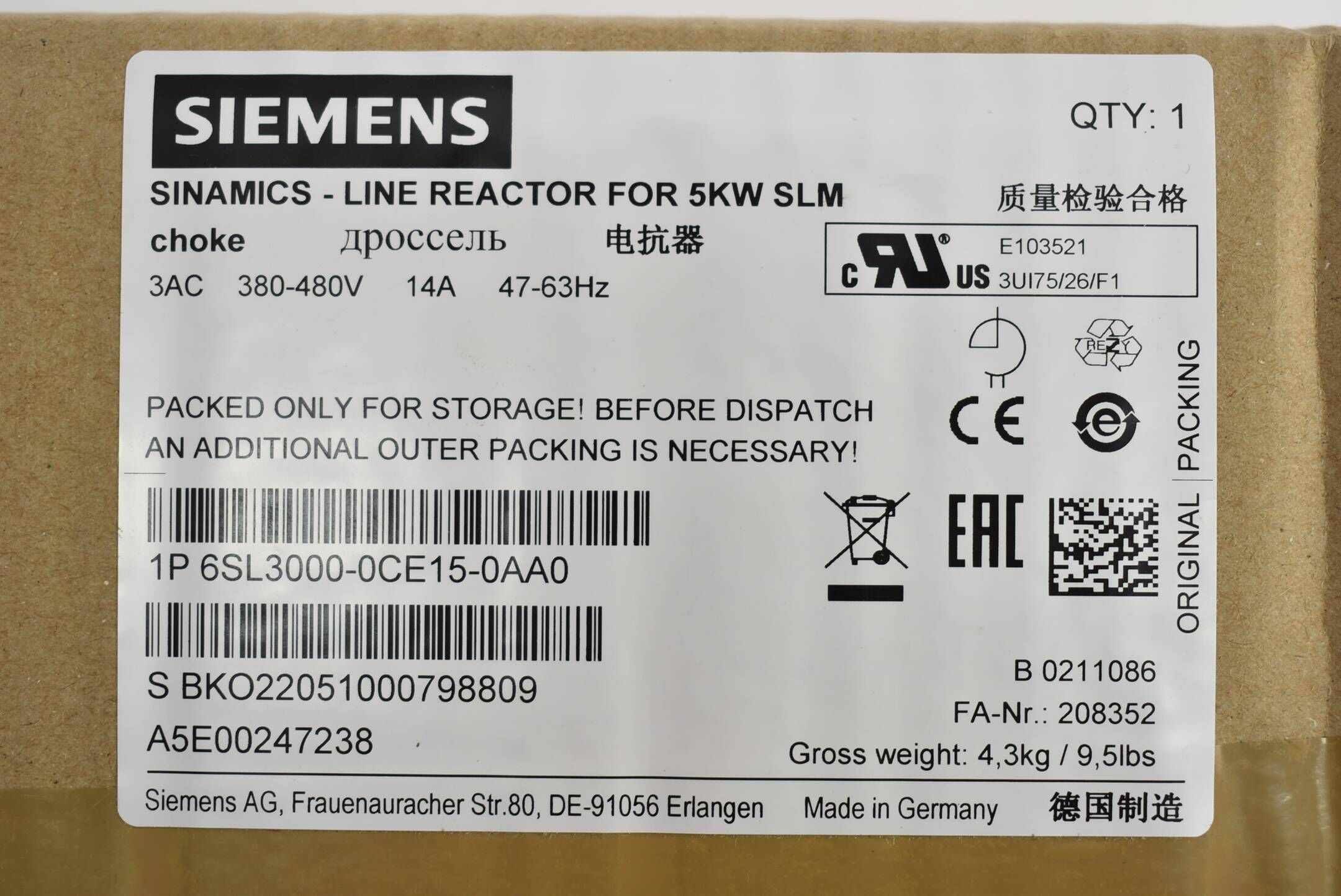 Siemens sinamics Netzdrossel 5 kW SLM 6SL3 000-0CE15-0AA0 ( 6SL3000-0CE15-0AA0 )