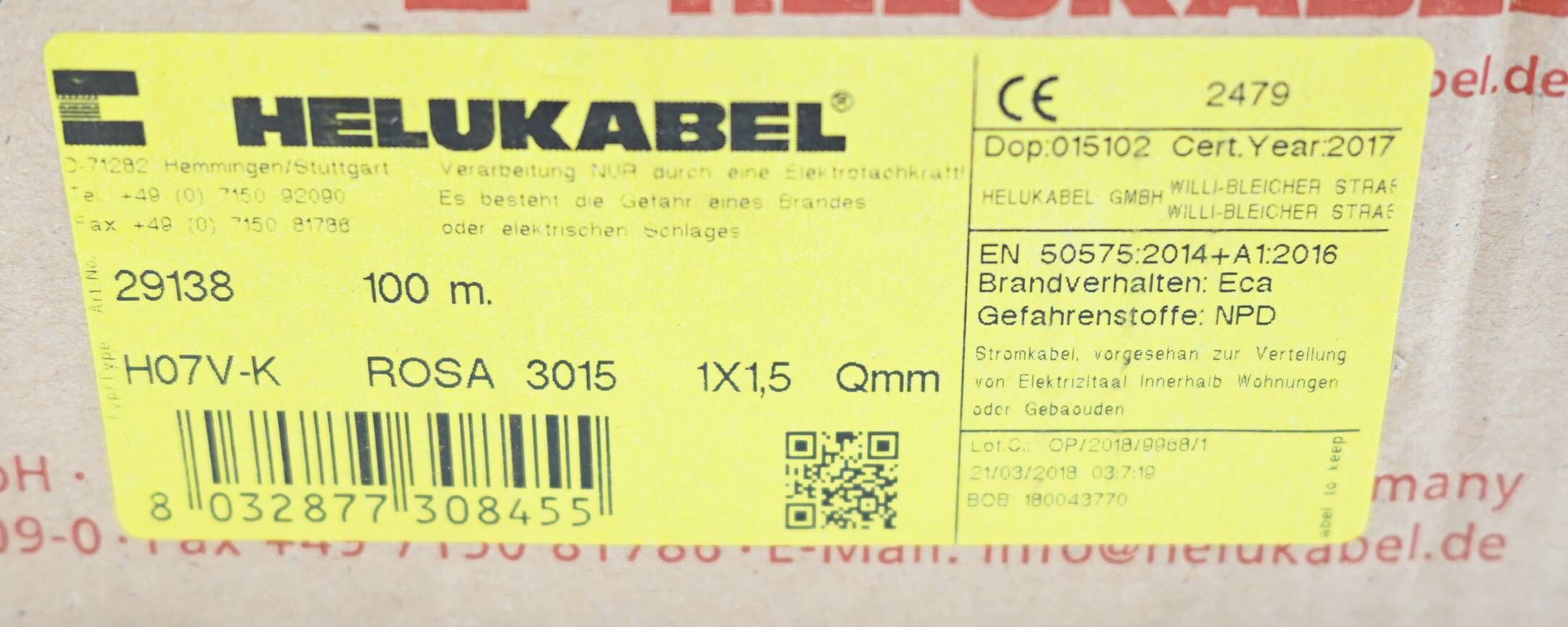 Helukabel Einzelader H07V-K Ring 1x1,5qmm, rosa ( 29138 ) 100m