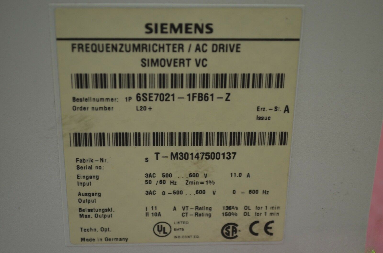 Siemens simovert 6SE7021-1FB61-Z ( 6SE7 021-1FB61-Z ) Ver A