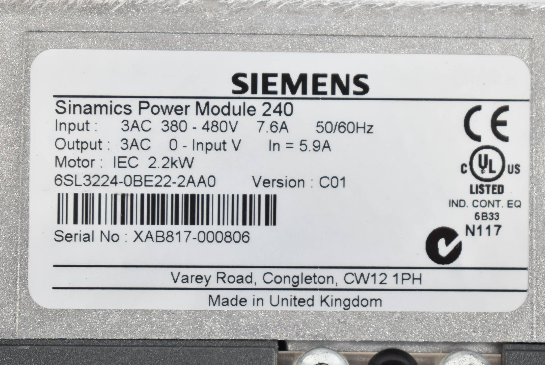 Siemens Sinamics G120 PM240 6SL3224-0BE22-2AA0 ( 6SL3 224-0BE22-2AA0 ) V. C01