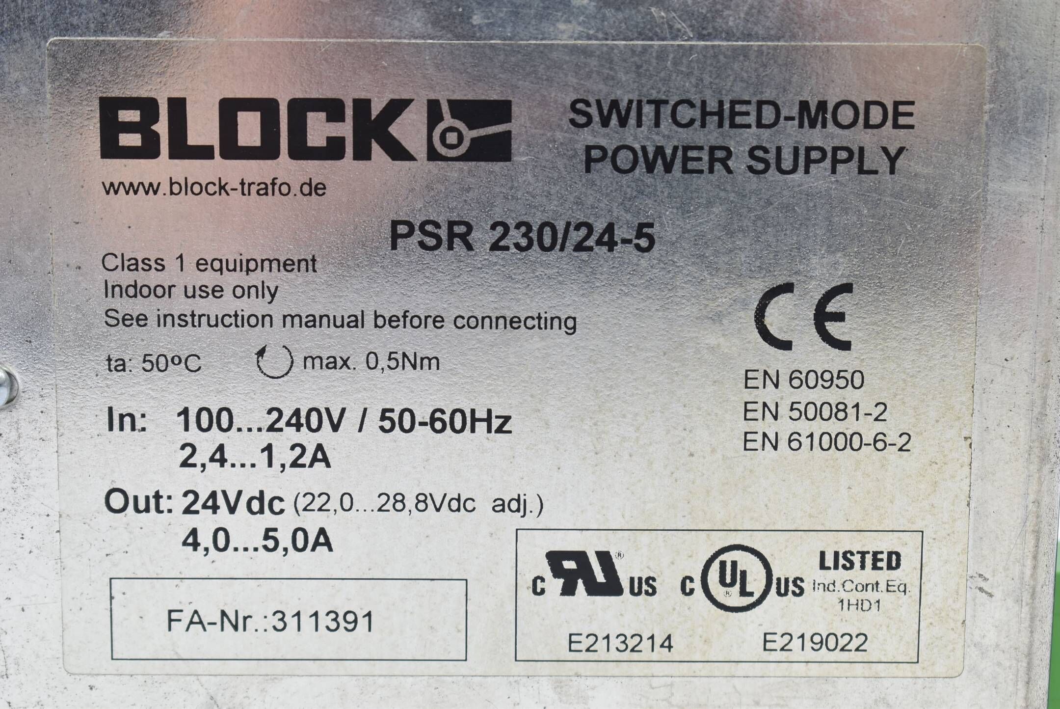 Block Power Supply 100-240V 50-60Hz 2,4-1,2A 24VDC PSR230/24-5