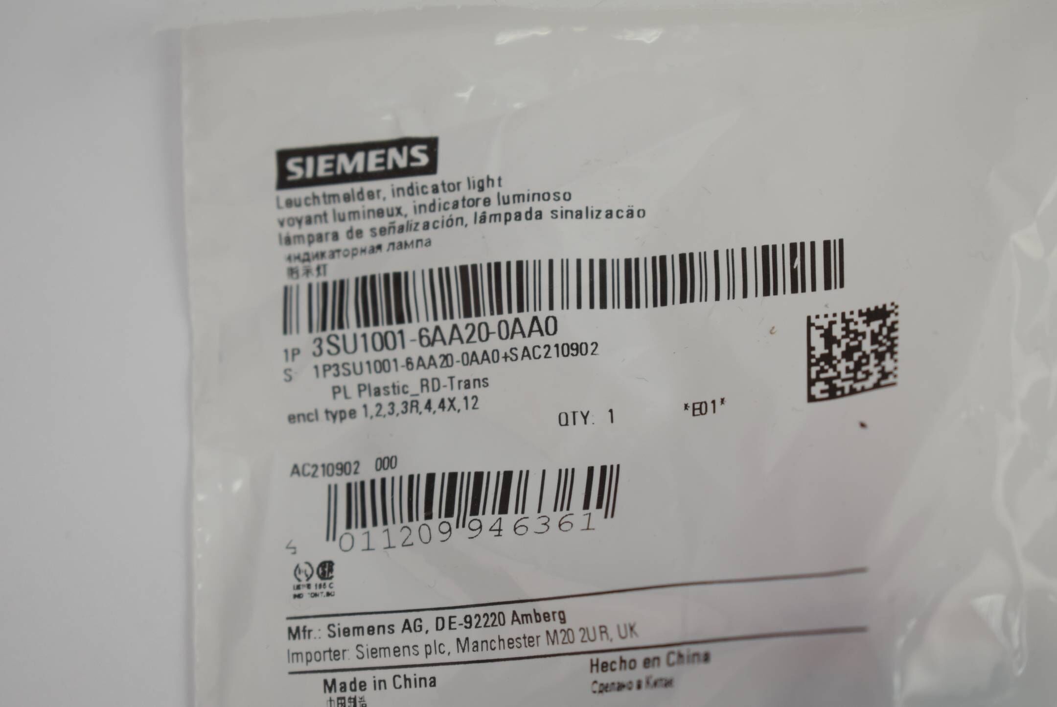 Siemens indicator light 3SU1001-6AA20-0AA0 ( 3SU1 001-6AA20-0AA0 )