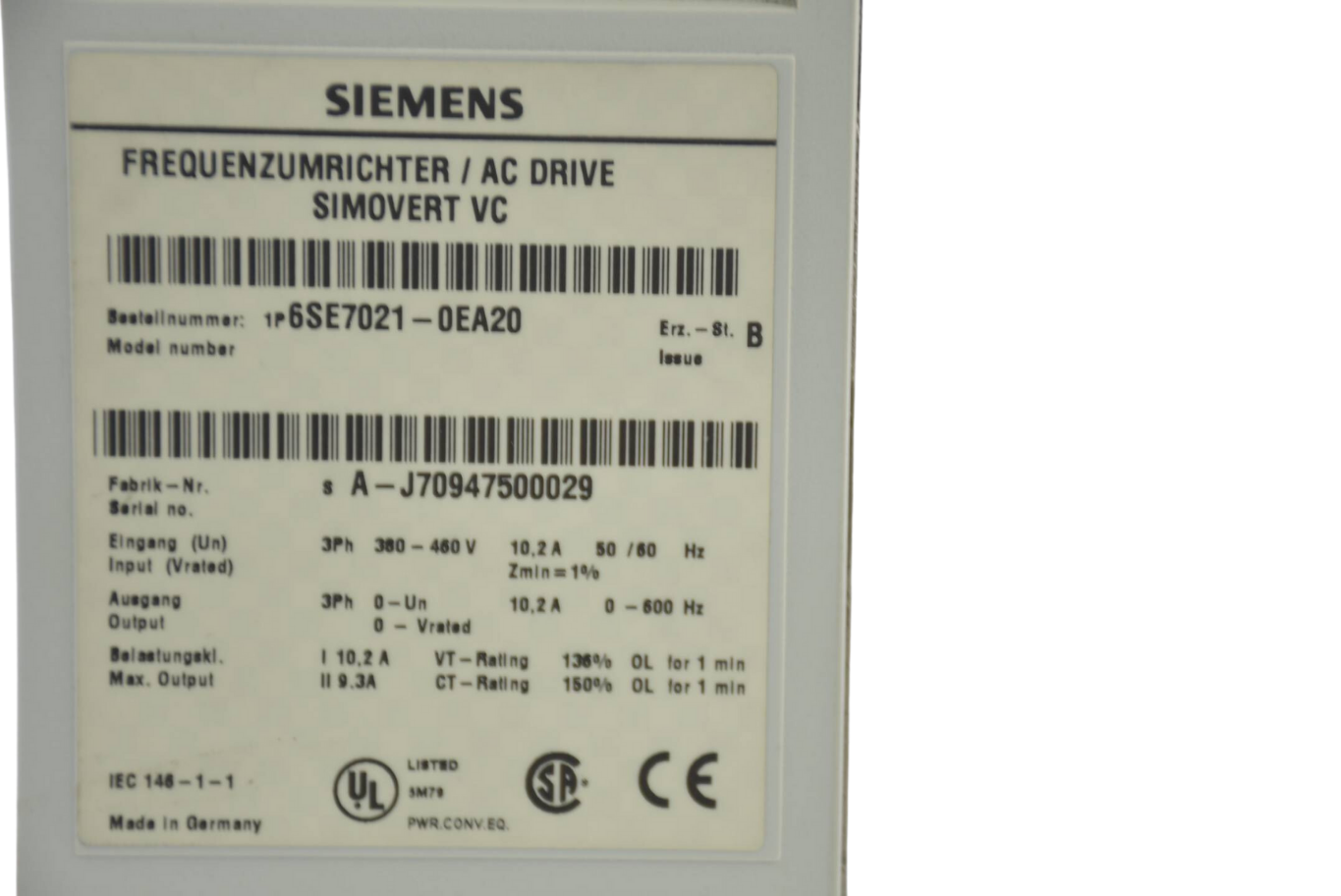 Siemens simovert VC Compact Umrichter 6SE7021-0EA20 ( 6SE7 021-0EA20 ) Ver B