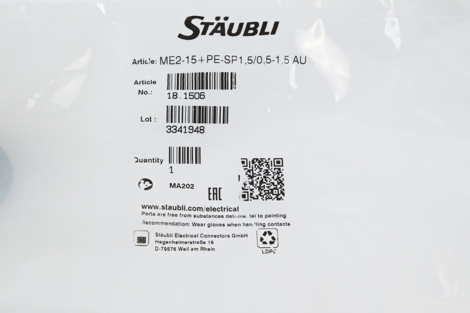Stäubli Steckverbinder f. Multikupplungen ME2-15+PE-SP1,5/0,5-1,5 AU ( 18.1506 )