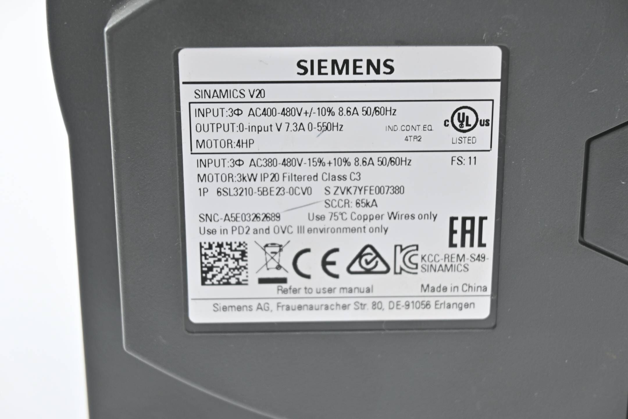 Siemens Sinamics V20 Umrichter 6SL3210-5BE23-0CV0 ( 6SL3 210-5BE23-0CV0 ) E.11