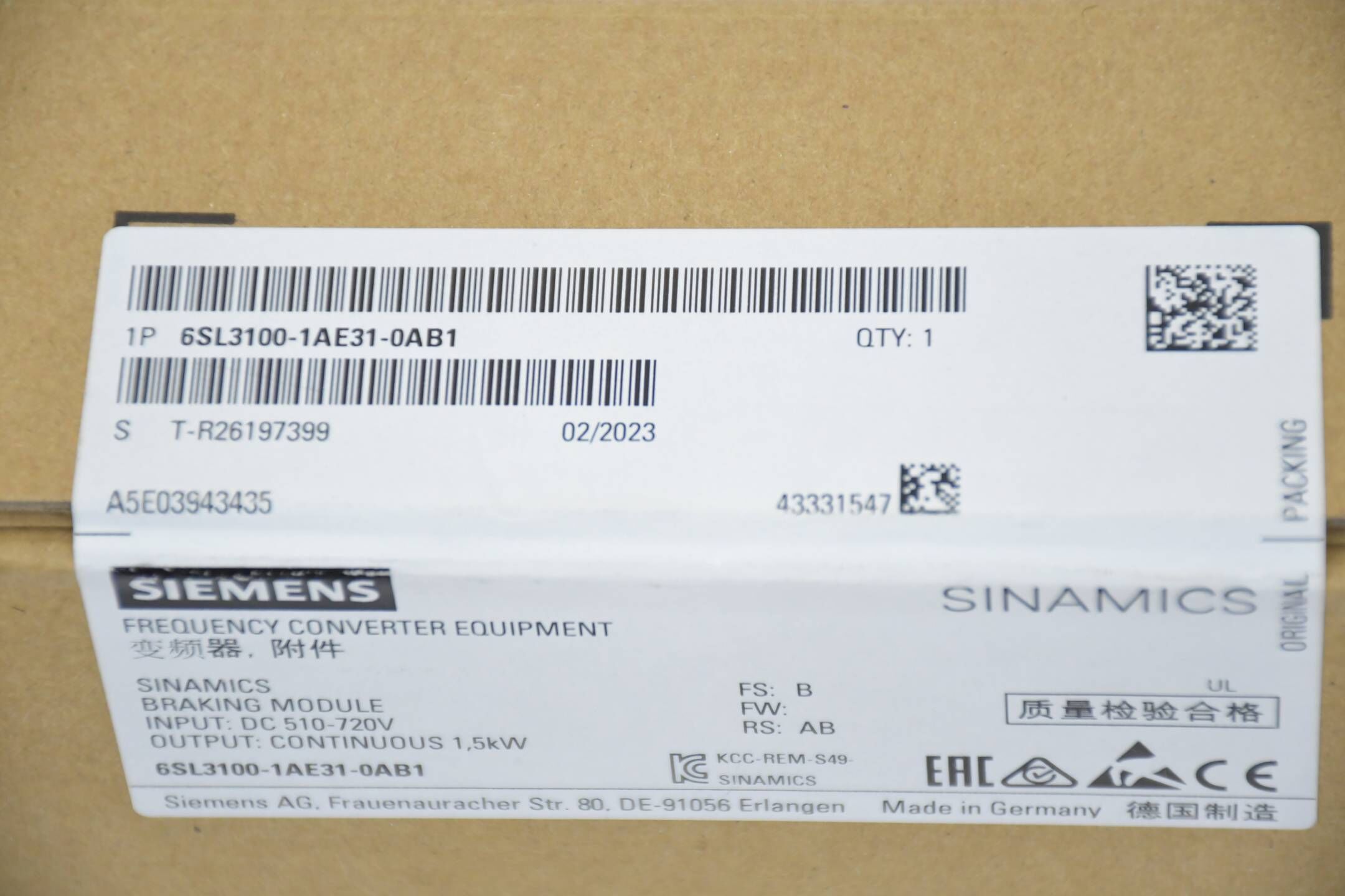 Siemens Sinamics braking modul 6SL3100-1AE31-0AB1 ( 6SL3 100-1AE31-0AB1 ) E.B