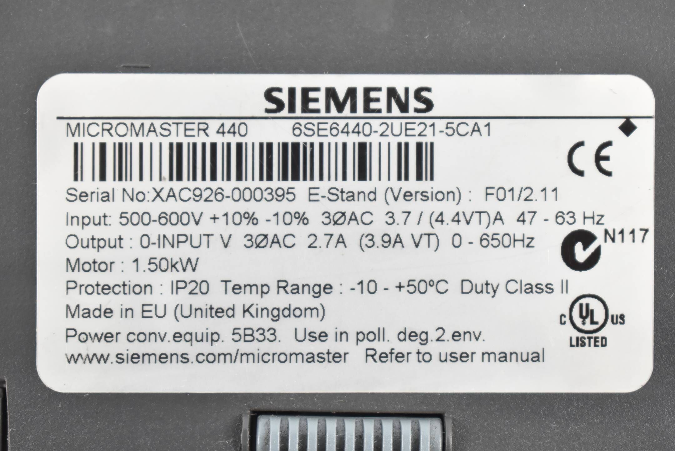 Siemens Micromaster 440 6SE6440-2UE21-5CA1 ( 6SE6 440-2UE21-5CA1 ) E.F01/2.11