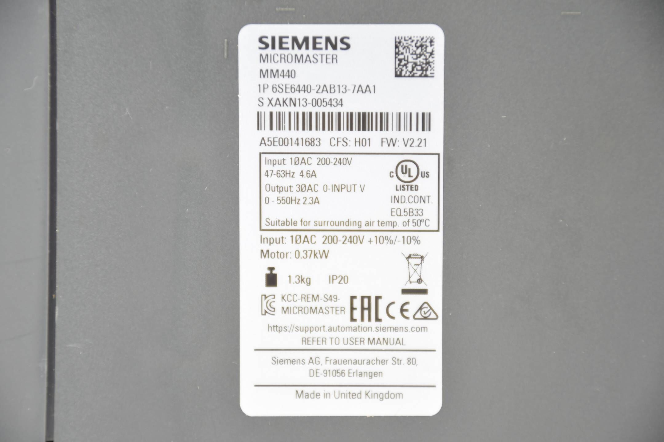 Siemens Micromaster 440 Umrichter 6SE6440-2AB13-7AA1 ( 6SE6 440-2AB13-7AA1 )