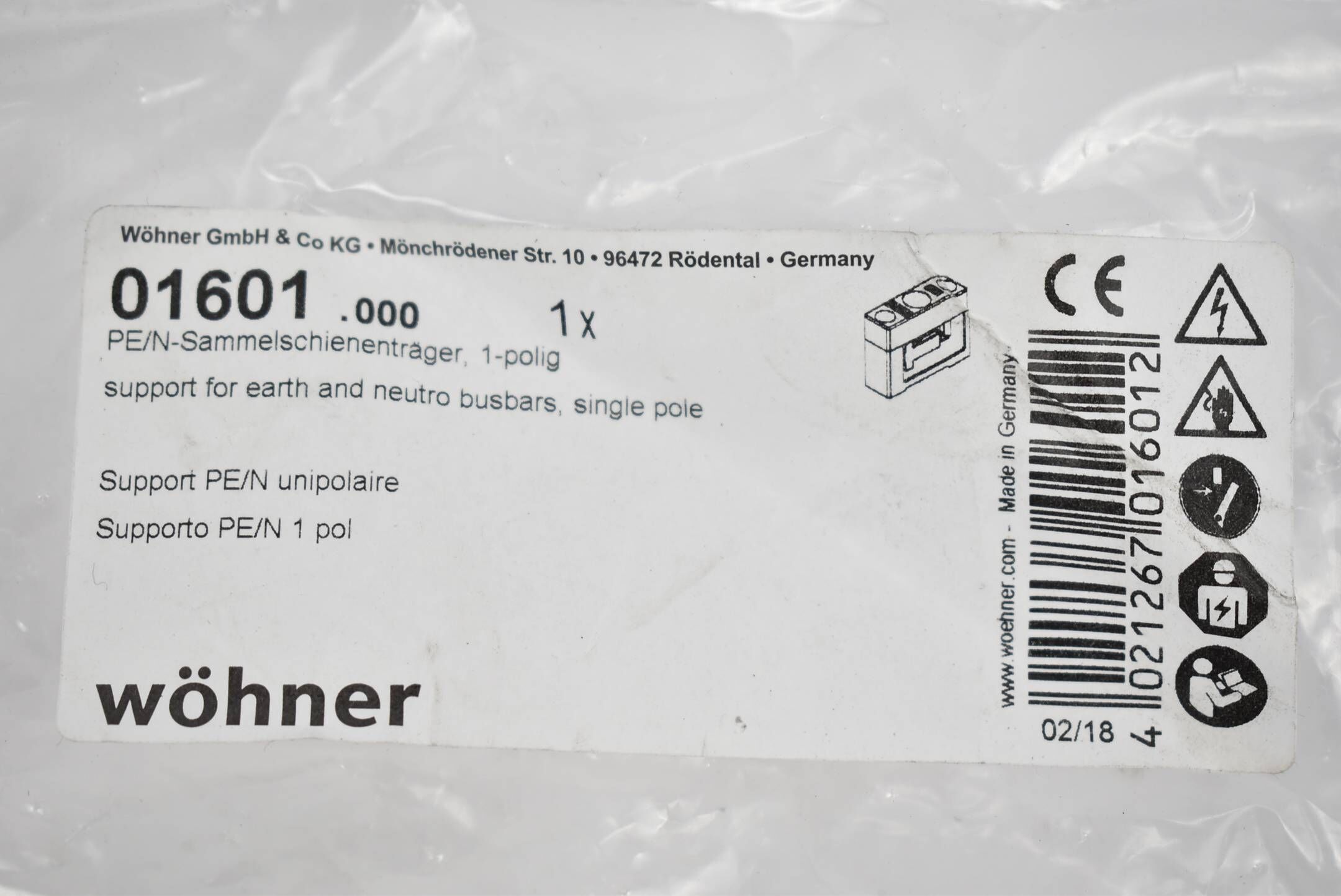 Wöhner PE/N-Sammelschienenträger 1-polig 01601.000