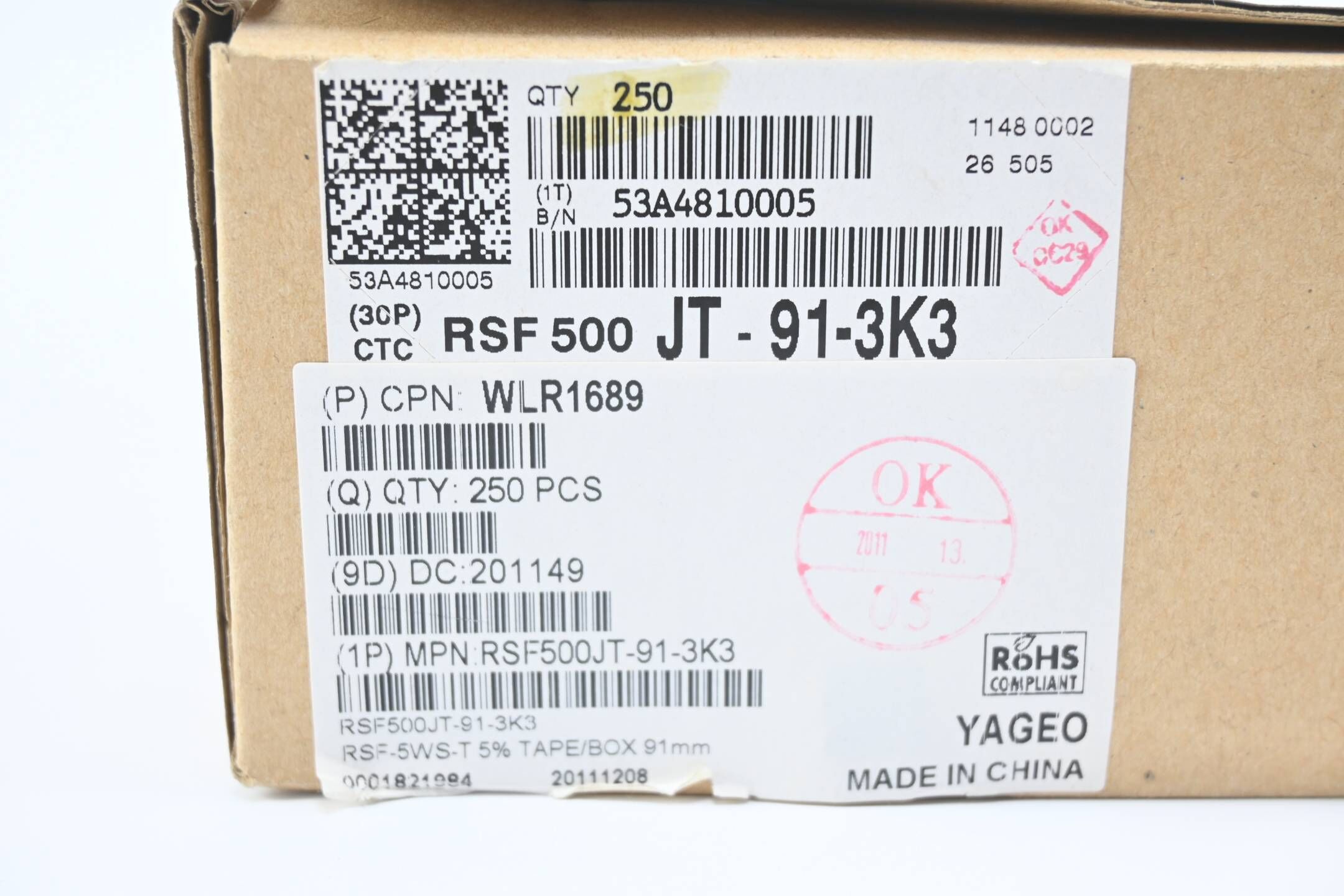 Yageo 250 STÜCK Metalloxidschichtwiderstände RSF 500 JT-91-3K3 