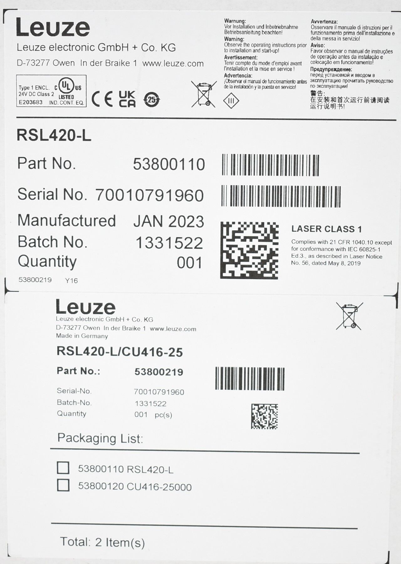 Leuze RSL420-L/CU416-25 Sicherheits-Laserscanner 53800219 ( RSL420-L ) 53800110