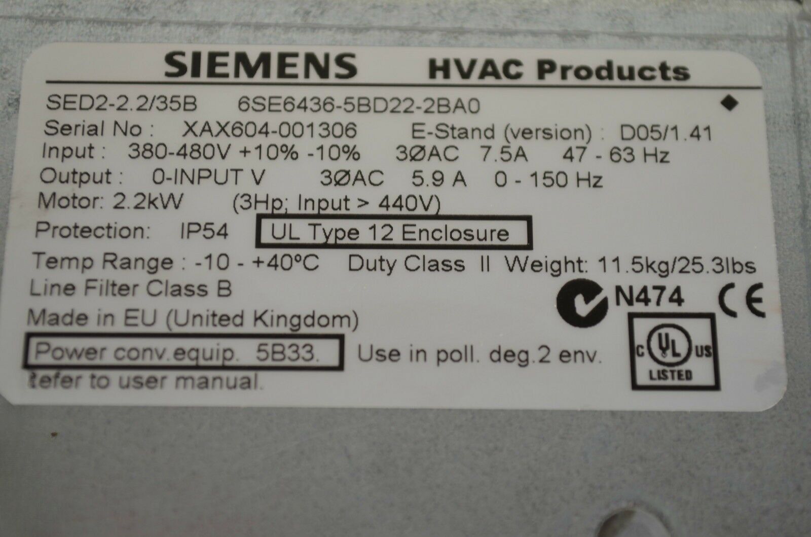 Siemens HVAC SED2-2.2/35B 6SE6436-5BD22-2BA0 ( 6SE6 4365BD222BA0 )