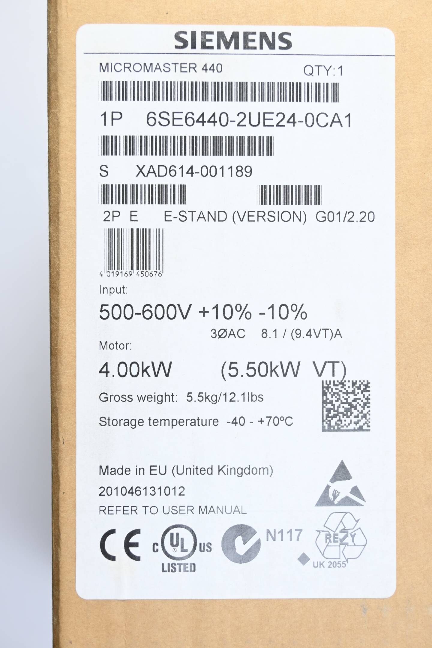 Siemens Micromaster 440 6SE6440-2UE24-0CA1 ( 6SE6 440-2UE24-0CA1 ) E. G01/2.20 