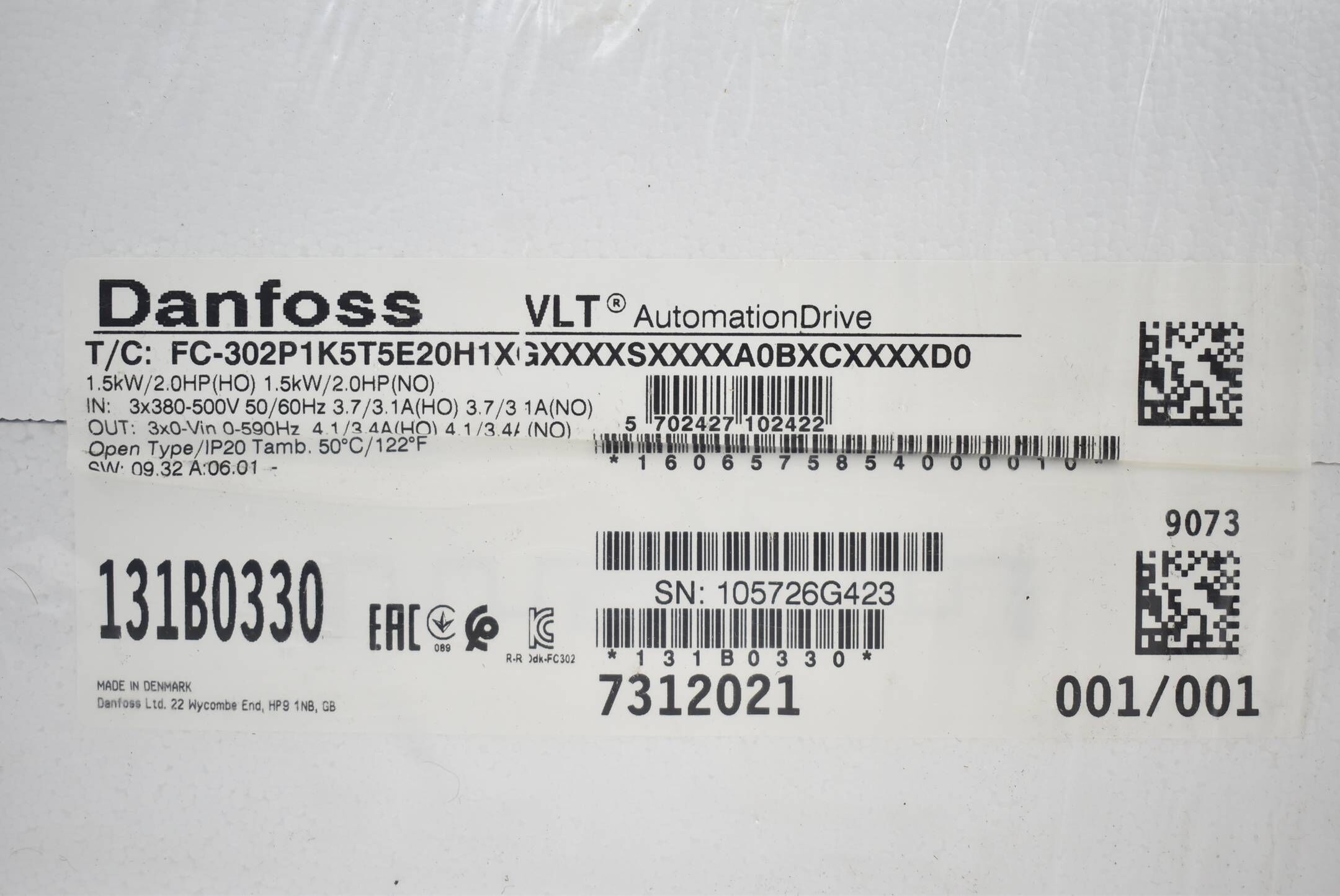 Danfoss Frequenzumrichter FC-302P1K5T5E20H1XGXXXXSXXXXA0BXCXXXXD0 ( 131B0330 )
