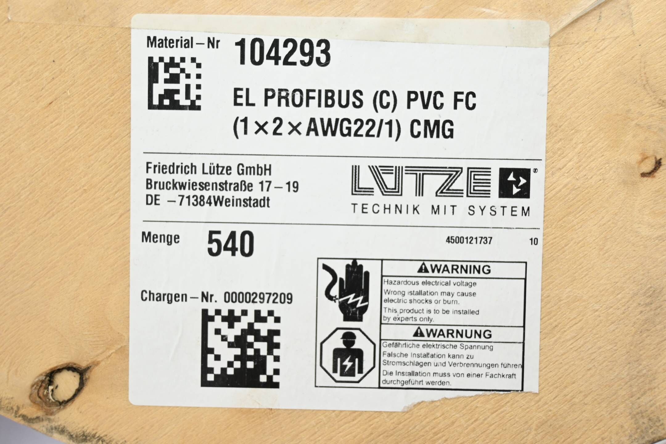 Lütze EL PROFIBUS (C) PVC FC (1x2xAWG22/1) CMG Kabel ( 104293 ) 540m