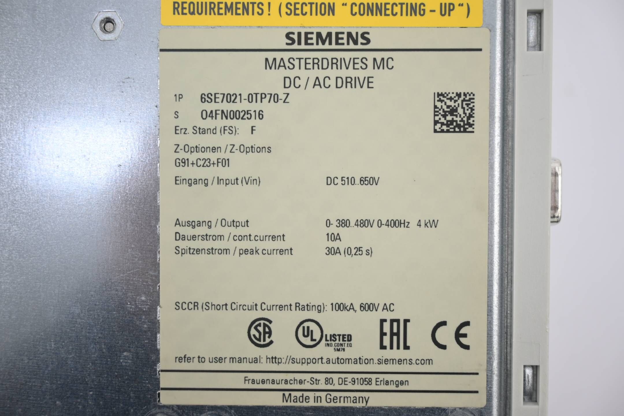 Siemens Masterdrives 6SE7021-0TP70-Z ( 6SE7021-0TP70-Z ) Z=G91+C23-F01 ( E.F )
