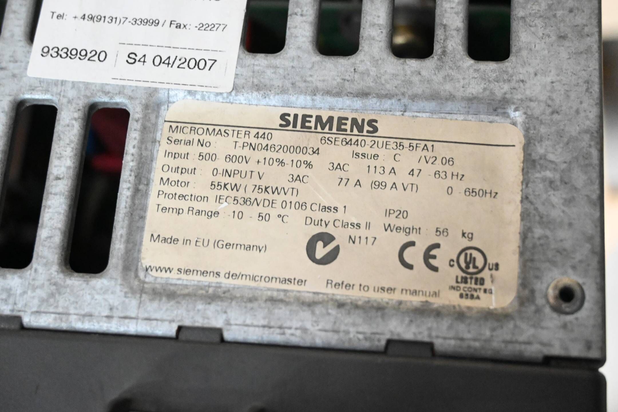 Siemens Micromaster 440 6SE6440-2UE35-5FA1 ( 6SE6 440-2UE35-5FA1 ) E.C V2.06